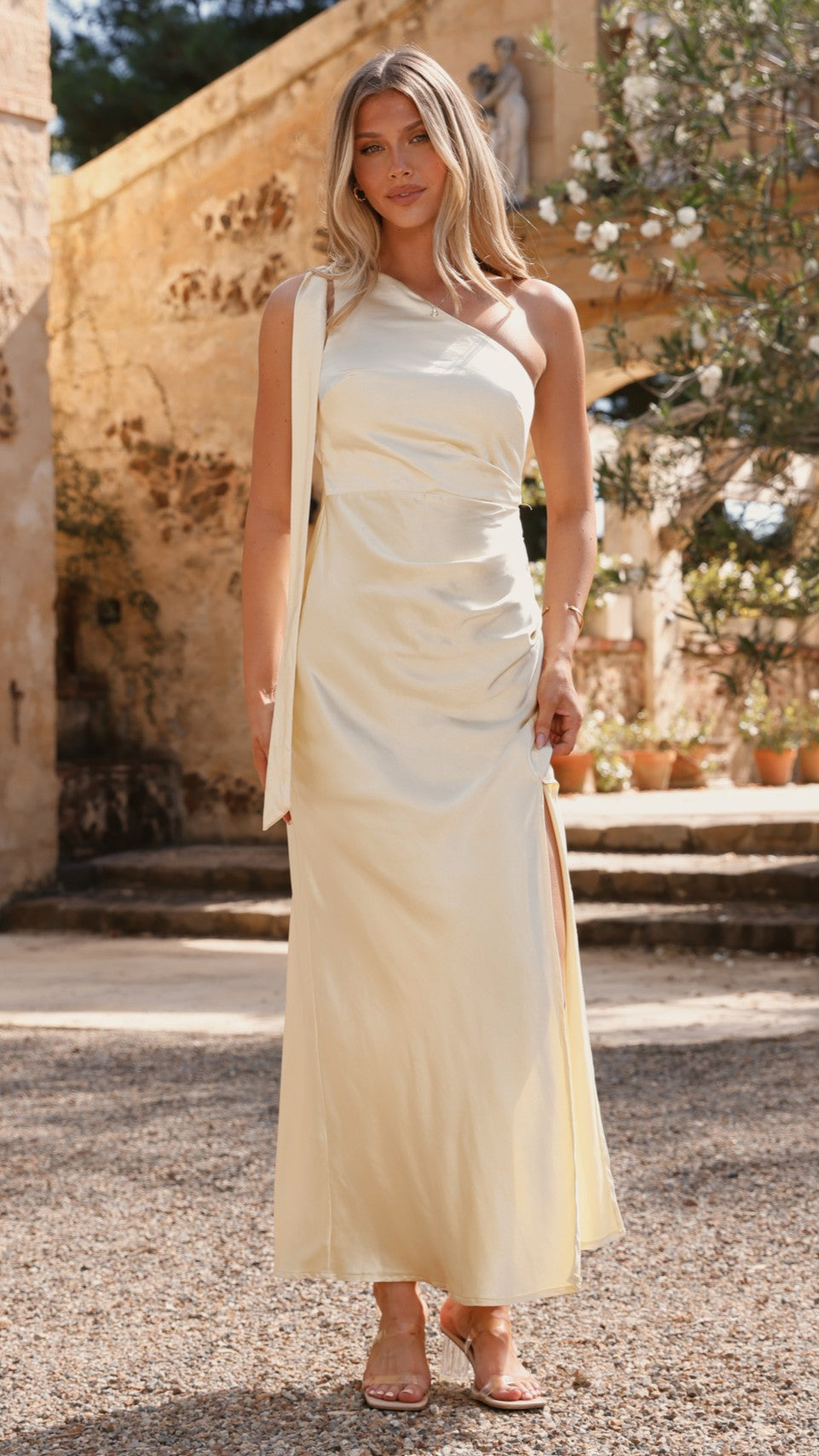 Elegant One Shoulder Maxi Dress in Yellow - Perfect for Summer Beach Vacations, Weddings & Evening Parties