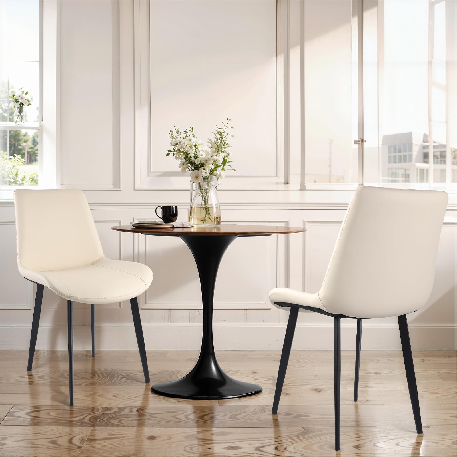 Modern PU Leather Dining Chairs Set of 2 - Sturdy Metal Legs & Upholstered Seats - Beige Accent Side Chairs for Kitchen, Living Room & Dining Room - Perfect for Family Dinners & Home Decor