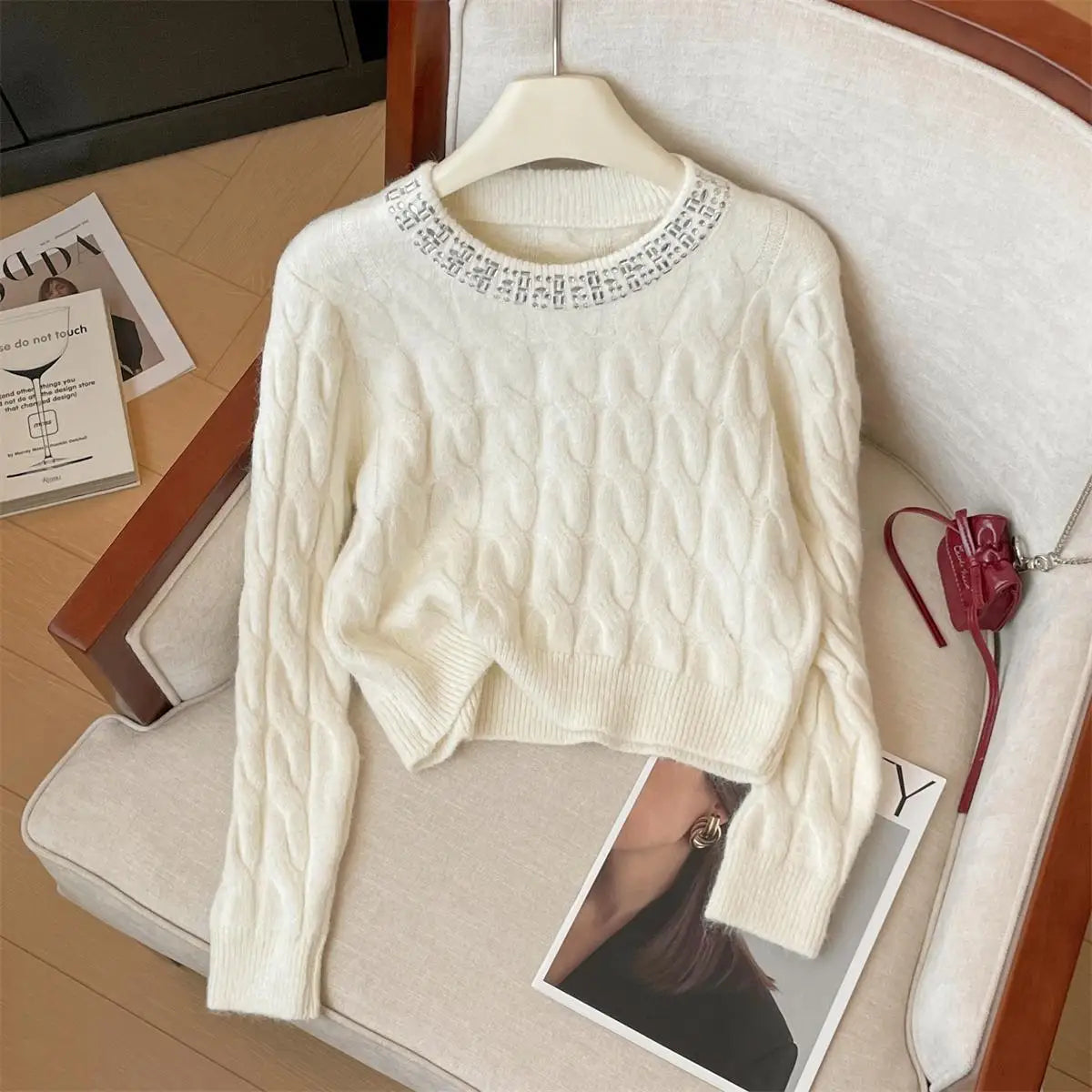 Women's Beige & Pink Diamond Knit Sweater - Round Neck Long Sleeve Pullover Top for Fall Winter | Casual Chic Fashion Knitwear for Office, Dating & Holiday Outfits