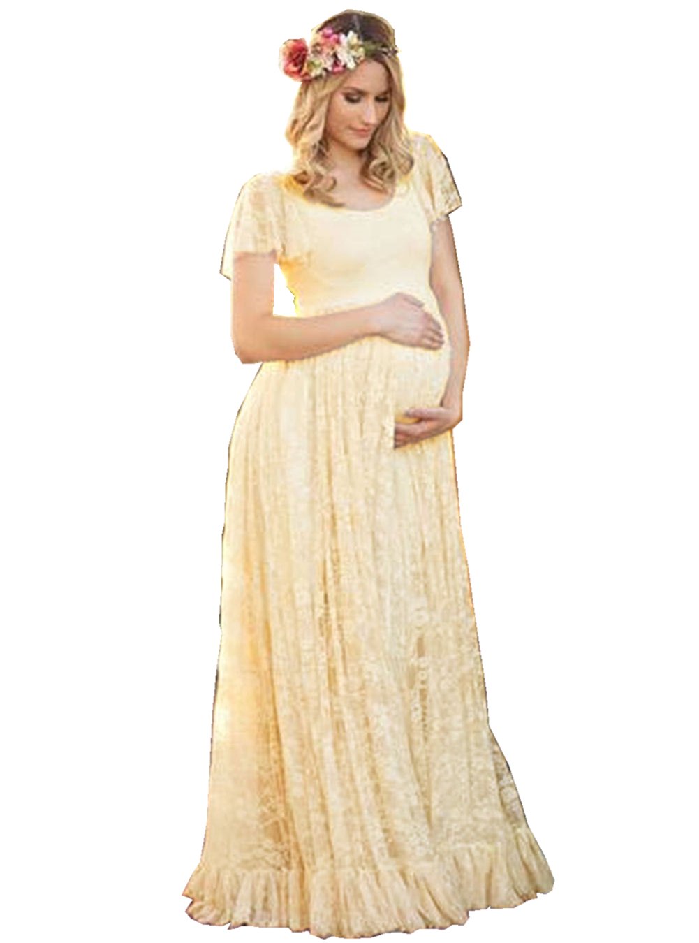 ZIUMUDY Women's Maternity Lace Flutter Short Sleeve Maxi Dress for Baby Shower, Photography, Pregnancy Photos & Special Occasions | Elegant Floral Nursing Gown for Expecting Mothers