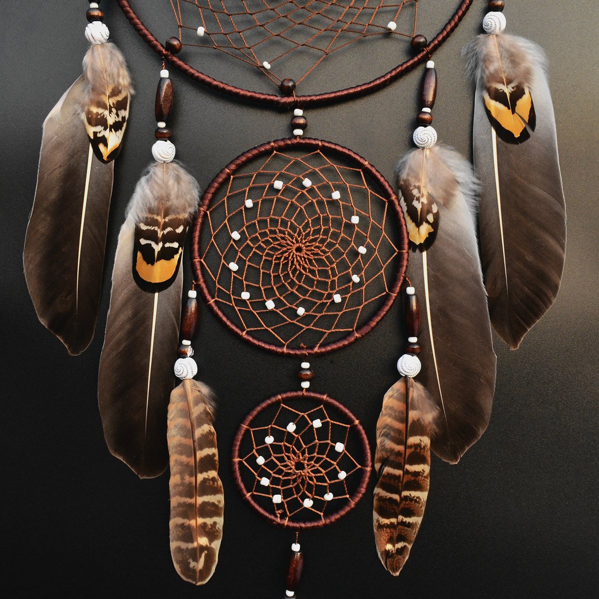 Urdeoms Large Boho Dream Catchers for Bedroom Wall Decor - Brown Handmade Native American Style with Turquoise Beads & Feathers Hanging Ornament - Perfect for Teen Dorm Room, Festival Gift, Meditation Space & Nursery Decor (NO.9)