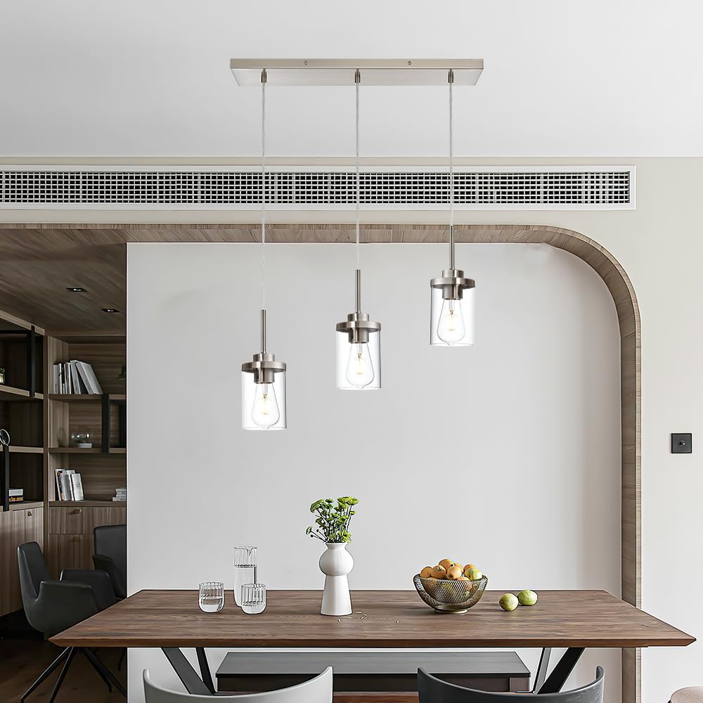 Brushed Nickel 3-Light Pendant Lighting Fixture with Clear Glass Shade - Modern Hanging Lights for Kitchen Island, Dining Room, Bar Counter & Breakfast Nook