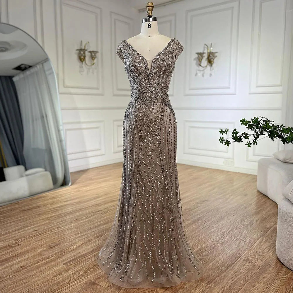 Elegant Beige Sleeveless Mermaid Evening Dress with Beaded Arabic Design for Women - Dubai Serene Hill LA72456 | Perfect for Wedding Parties, Formal Events & Special Occasions 2025
