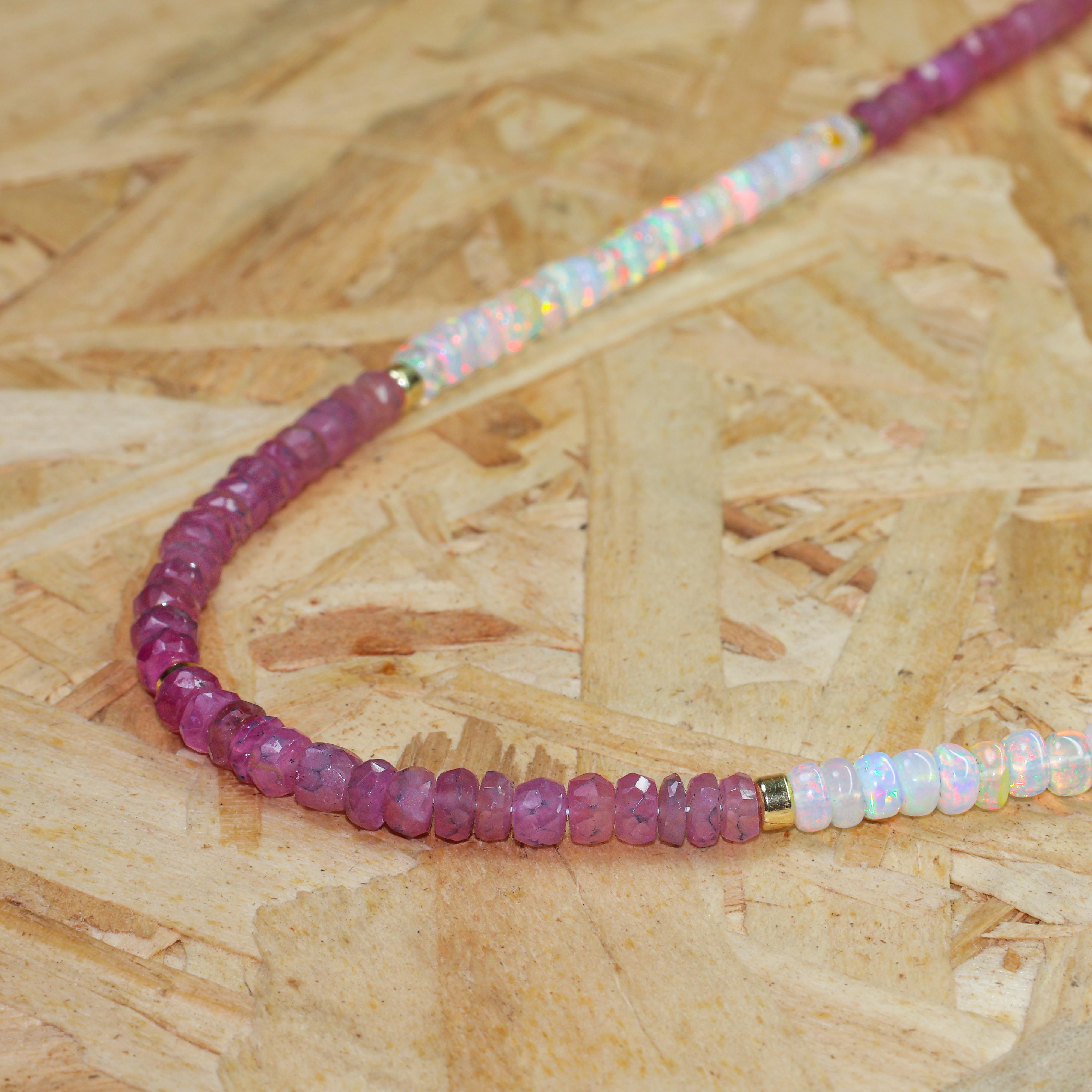 Natural Ruby & White Opal Beaded Necklace for Women - Handmade Gemstone Jewelry for Wedding, Party & Special Occasions