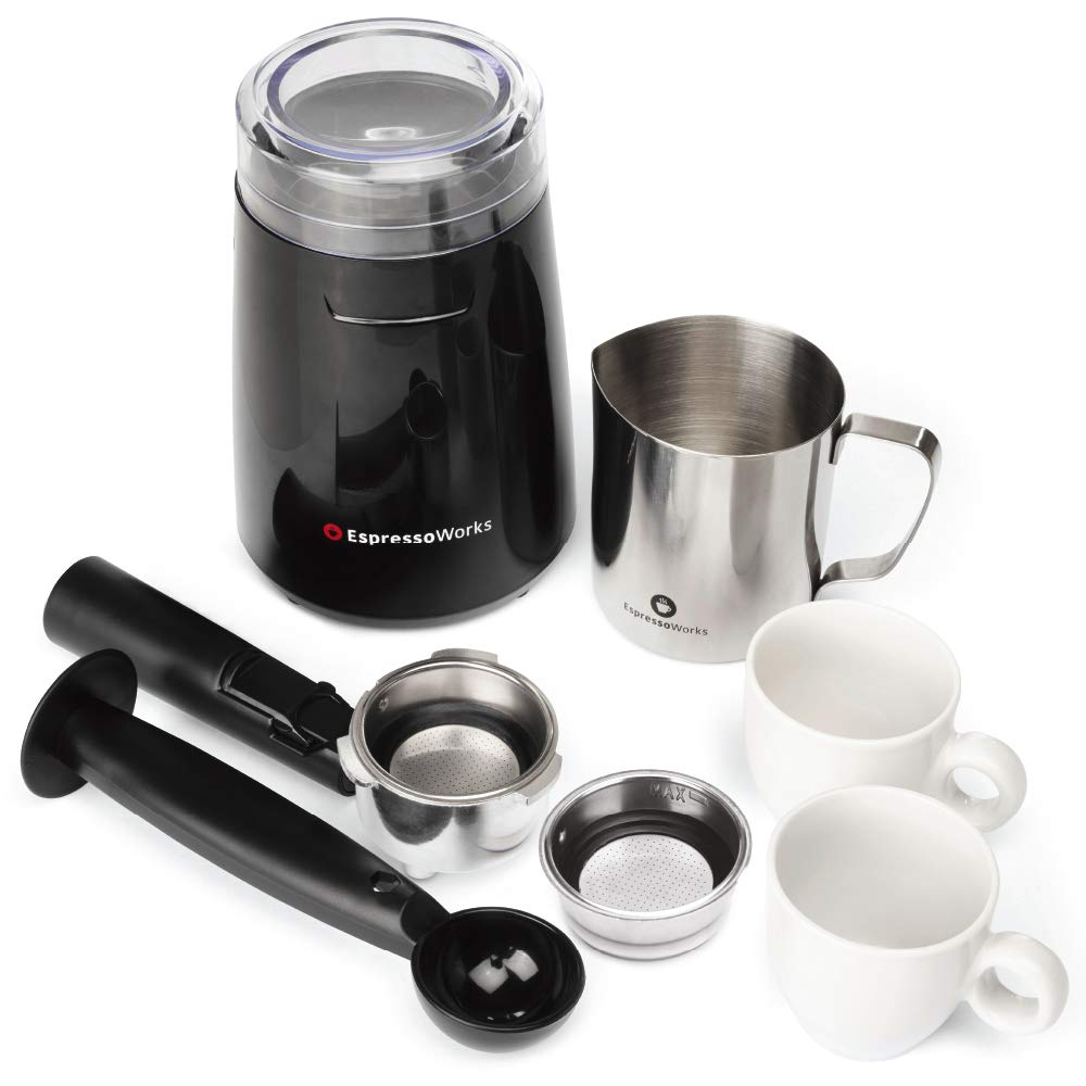 EspressoWorks All-In-One Espresso Machine with Milk Frother - 7-Piece Cappuccino Maker Set Includes Coffee Grinder, Frothing Pitcher, Cups, Spoon & Tamper - Perfect for Home Baristas & Coffee Lovers (White) - Ideal for Morning Brews, Entertaining Guests & Coffee Shops