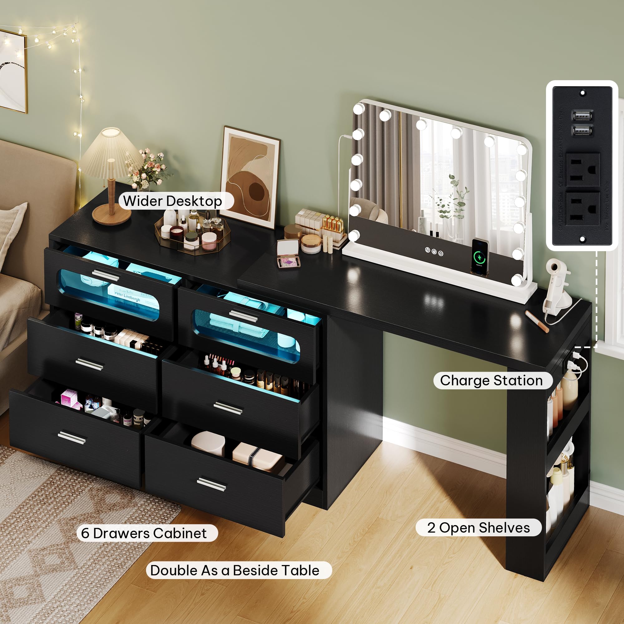 DWVO Vanity Table with RGB Lights - 360° Rotatable LED Makeup Dresser with 6 Drawers, Storage Cabinet & USB Charging Station | Modern Bedroom Vanity Desk & Executive Computer Workspace Desk in Black | Perfect for Makeup Organization, Home Office & Small Space Decor