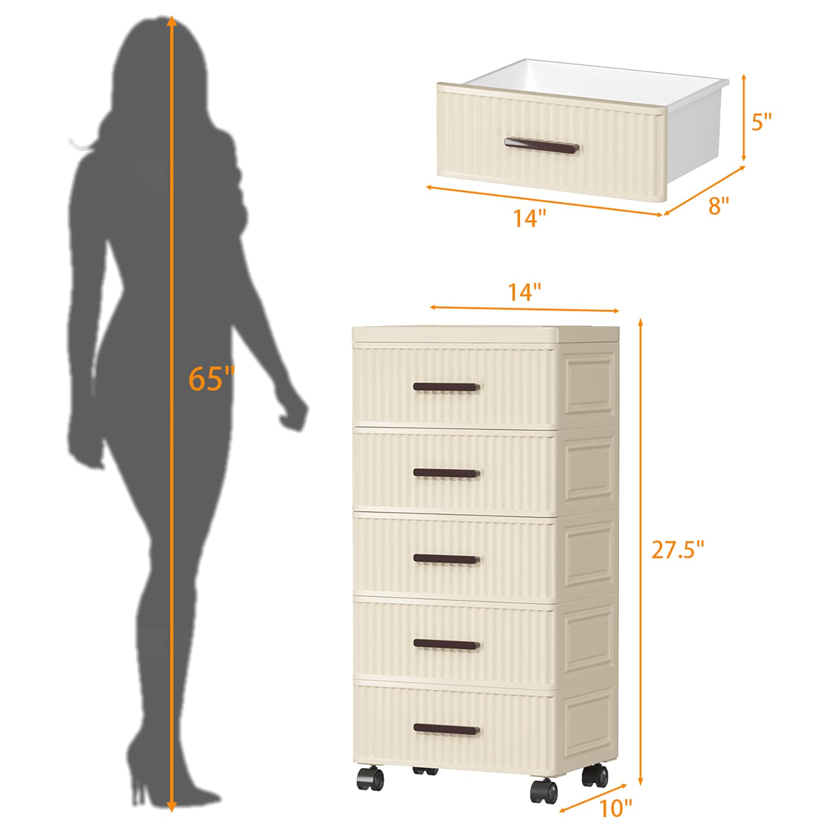 5-Tier Plastic Drawer Storage Organizer with Wheels - 14