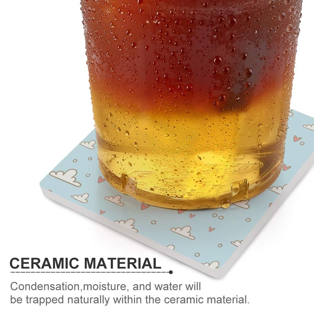 Premium Ceramic Drink Coasters Set of 6 - Square Coasters with Cork Bottom, Cat & Cloud Heart Design - Non-Slip Cup Holders for Wine, Beer & Cold Drinks - Perfect for Home Decor, Table Protection & Party Use