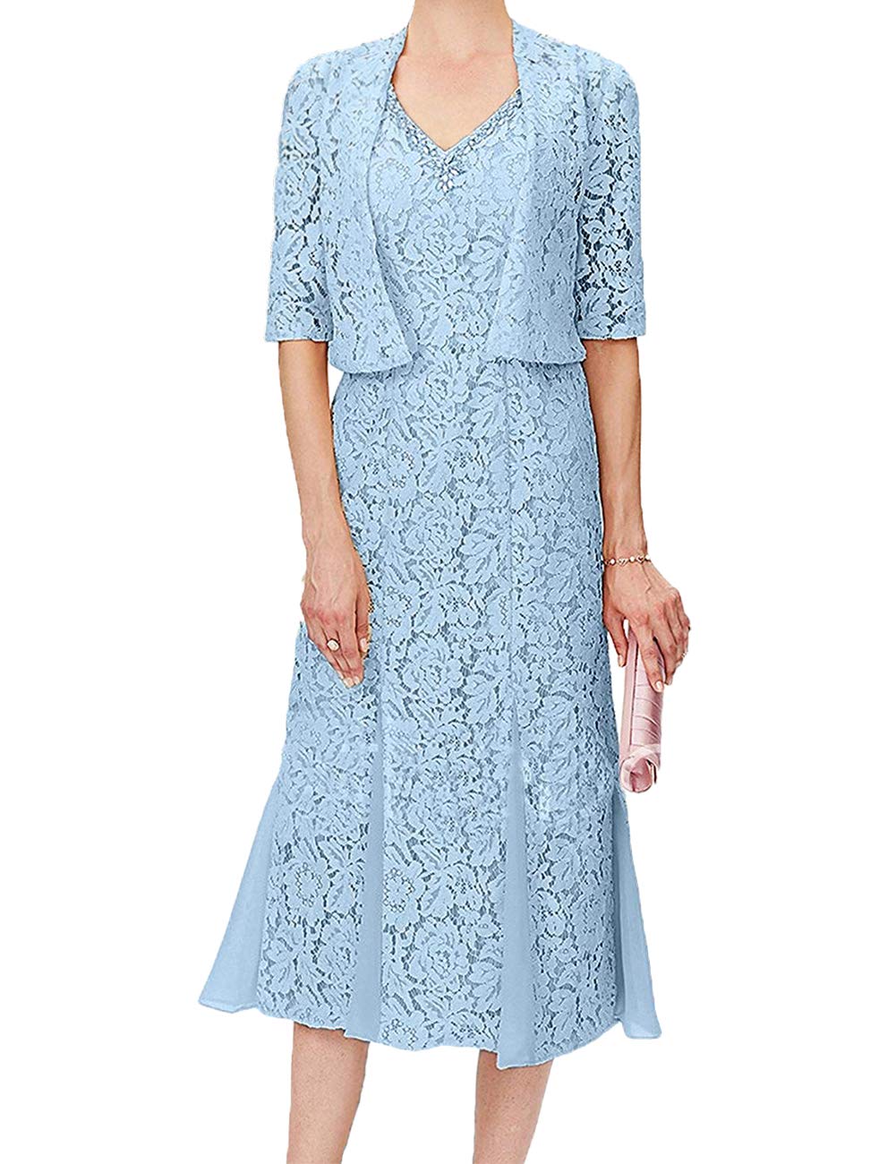 Elegant Tea Length Mother of the Bride Dress with Lace Detail - Formal Evening Gown with V-Neck & Half Sleeves Jacket - Perfect for Weddings, Receptions & Special Occasions