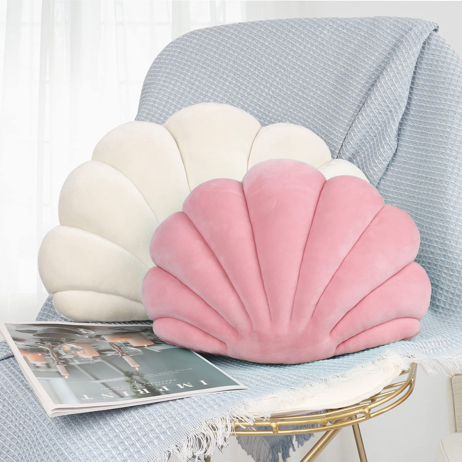 3D Velvet Soft Seashell Shaped Decorative Throw Pillow - Ocean Theme Cute Pillow for Bed, Couch, Sofa & Chair - 18x13 Inch - Perfect for Beach House Decor, Kids Room & Coastal Living Room Accents