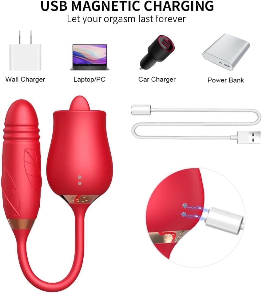 3 in 1 Rose Toy for Adults - Tongue Licking, Thrusting & Vibrating Pleasure Device with Easy Operation, Red (YO3+6) - Perfect for Couples Play, Solo Use & Sensual Massage
