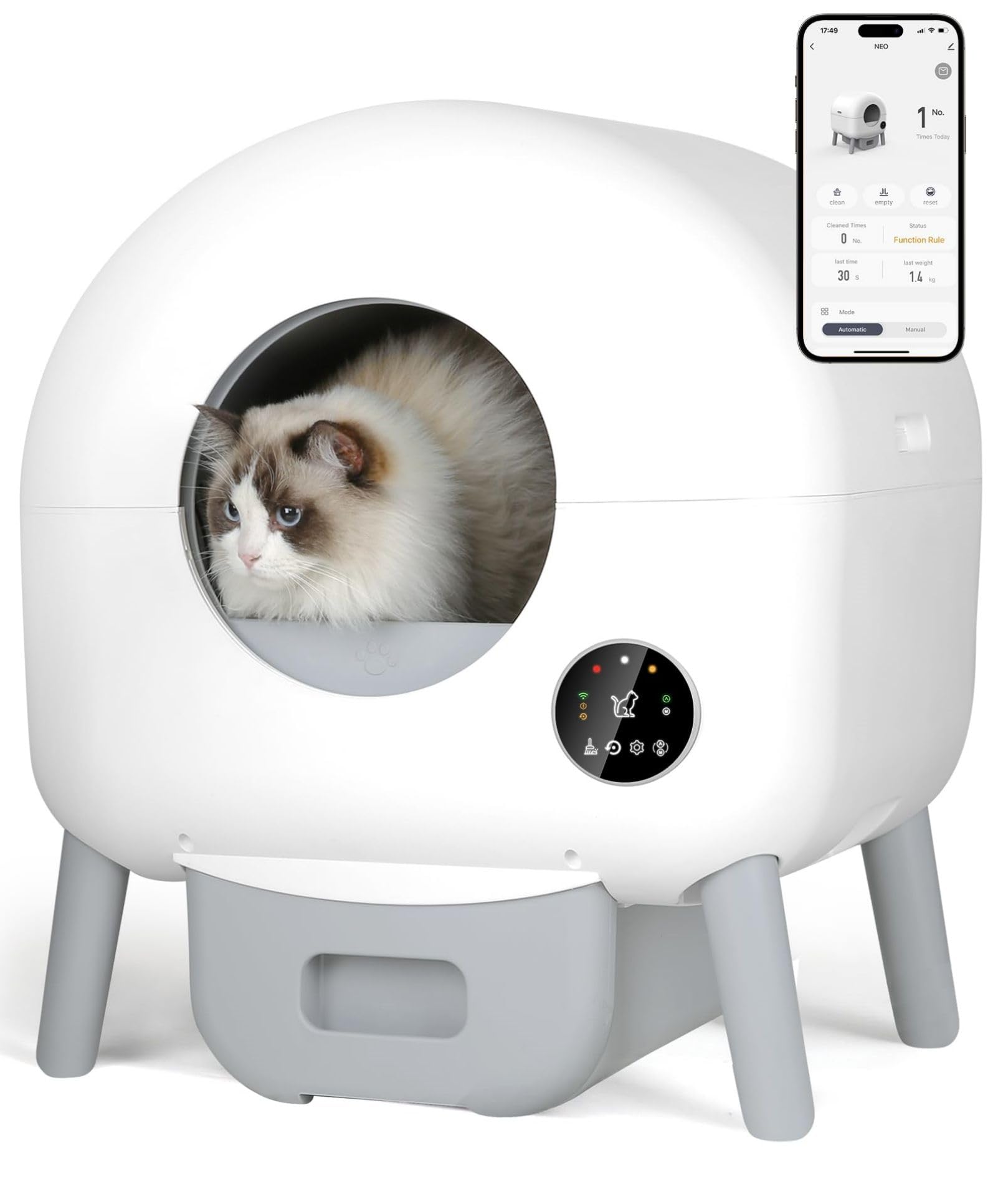 Automatic Self-Cleaning Cat Litter Box for All Cats - 100L Large Capacity with App Control, Includes 1 Roll Garbage Bags & Mat (White) - Perfect for Multi-Cat Homes & Busy Pet Owners