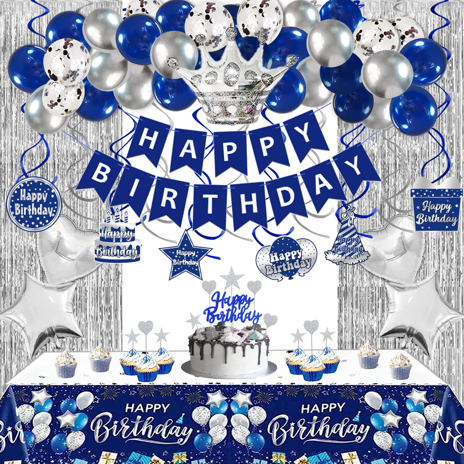 Navy Blue & Silver Birthday Party Decorations Set for Men & Women - Happy Birthday Banner, Tablecloth, Balloons, Fringe Curtains, Hanging Swirls & Cake Toppers | Perfect for Adult Birthday Parties, Office Celebrations & Surprise Decorations