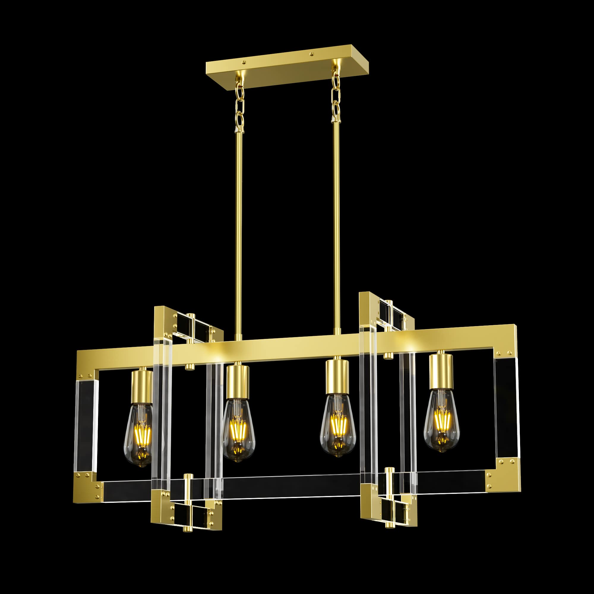 Modern Acrylic Gold Chandelier - 4 Light Rectangle Brass Hanging Ceiling Light Fixture for Dining Room, Bedroom, Foyer & Entryway | Elegant Lighting for Home Decor, Wedding & Luxury Interior Design