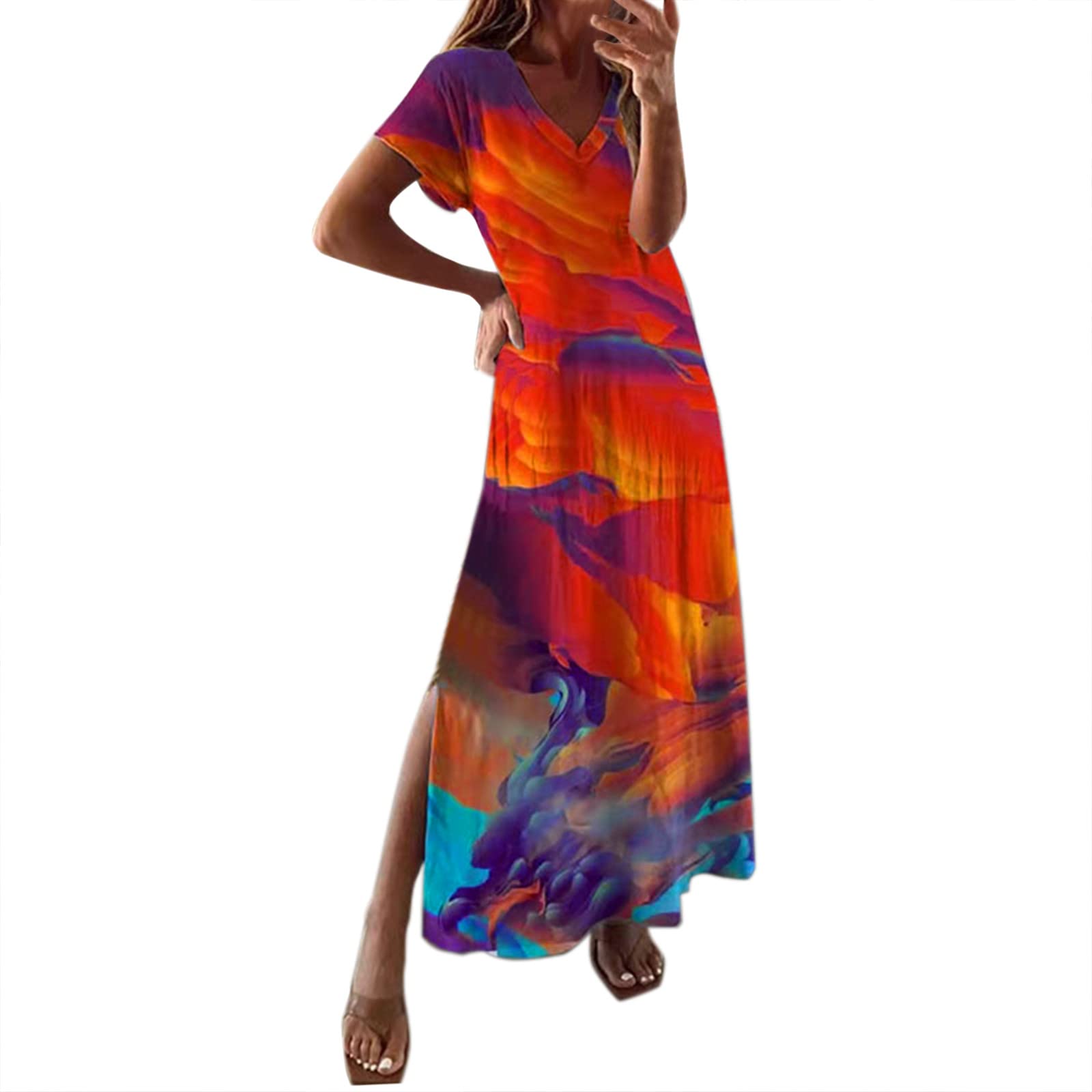 MAYW Women's Floral Print V-Neck Short Sleeve Summer Dress - Loose Fit Casual Midi Dress with Side Slit for Beach, Vacation & Daily Wear
