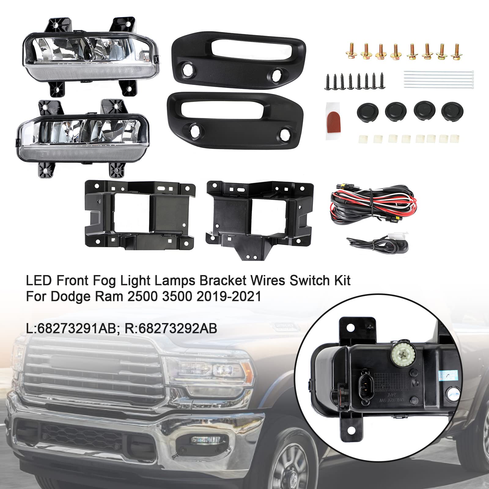 LED Front Fog Light Kit with Bracket & Wiring Harness for Dodge Ram 2500/3500 (2019-2021) - Durable Off-Road Lighting for Night Driving & Foggy Conditions