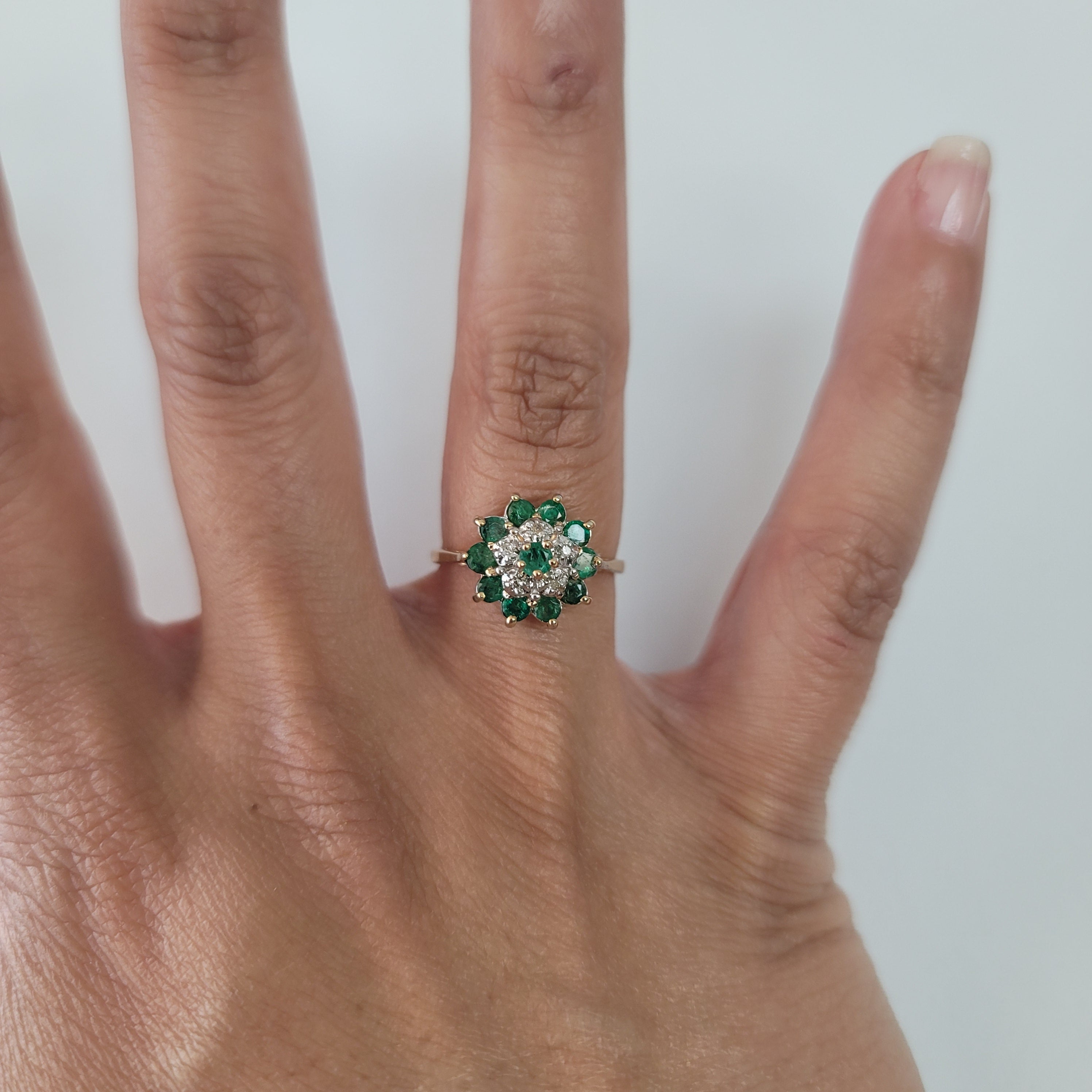 1.00cttw Emerald & Diamond Halo Flower Ring in 10k Yellow Gold - Elegant Jewelry for Weddings, Anniversaries & Special Occasions