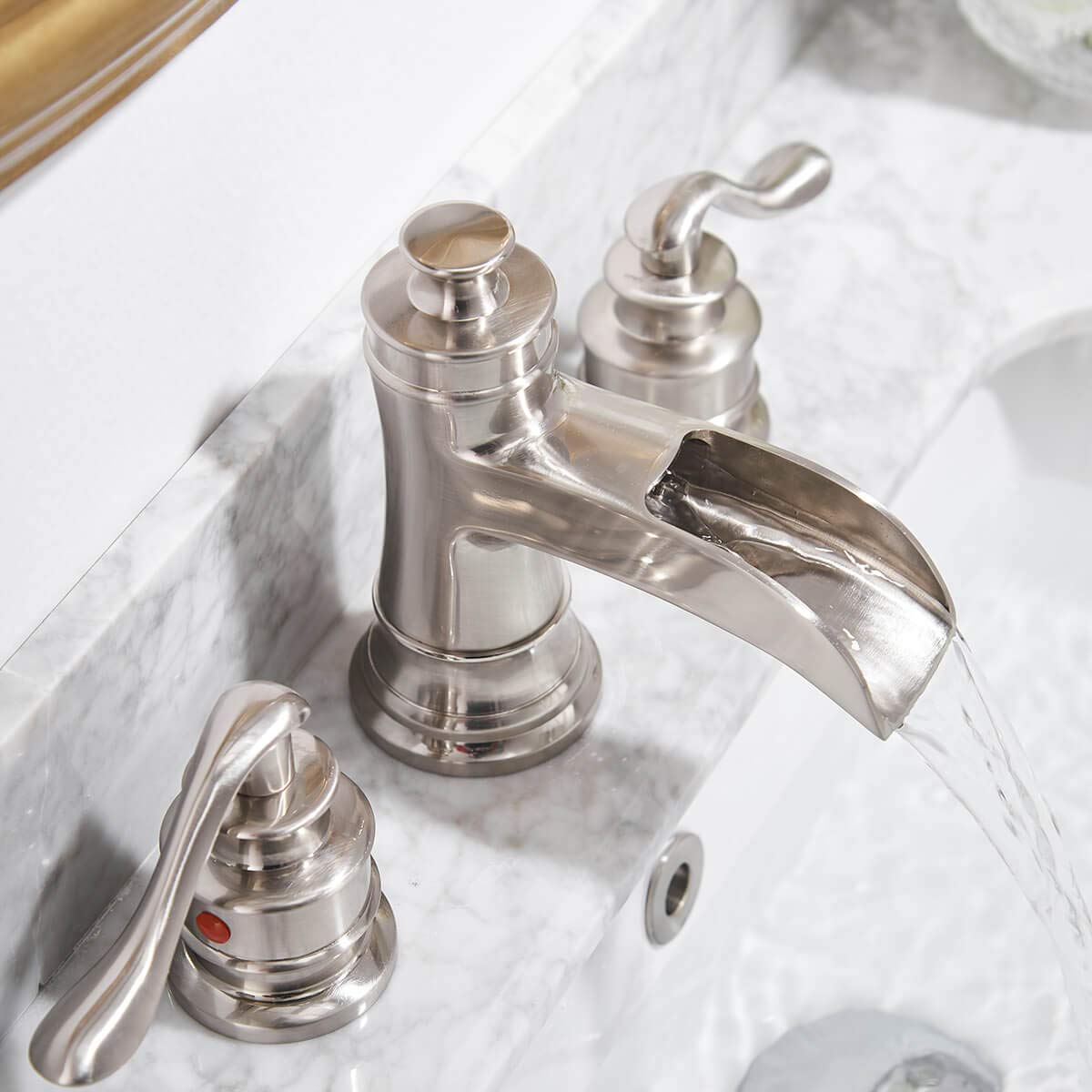 Homevacious Brushed Nickel Widespread Bathroom Faucet - 2 Handle 3 Hole Waterfall Sink Mixer Tap with Pop Up Drain & Overflow (8-16 Inch) - Perfect for Vanity Basins & Lavatory Sinks - Ideal for Modern Bathrooms & Powder Rooms