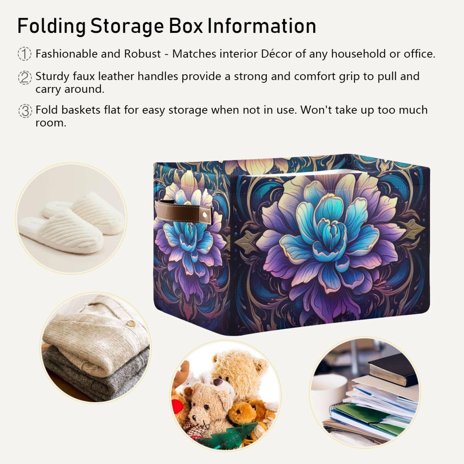 Blue Mandala Foldable Storage Baskets - 2 Pack Rectangle Canvas Fabric Organizer Boxes with Handles for Home, Office, Closet & Shelves | Perfect for Clothes, Toys & Home Decor Organization