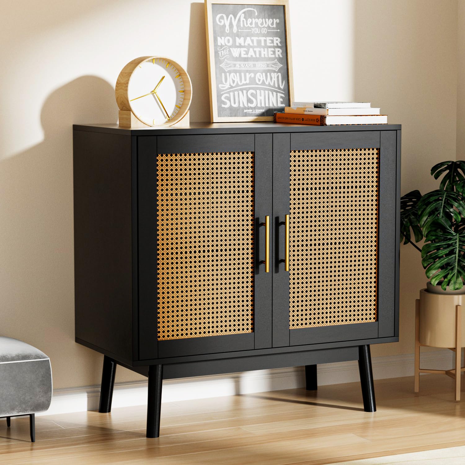 SINROM Black Rattan Accent Storage Cabinet - Buffet Sideboard with Decor Doors for Hallway, Entryway & Living Room | Perfect for Home Organization & Displaying Decor Items