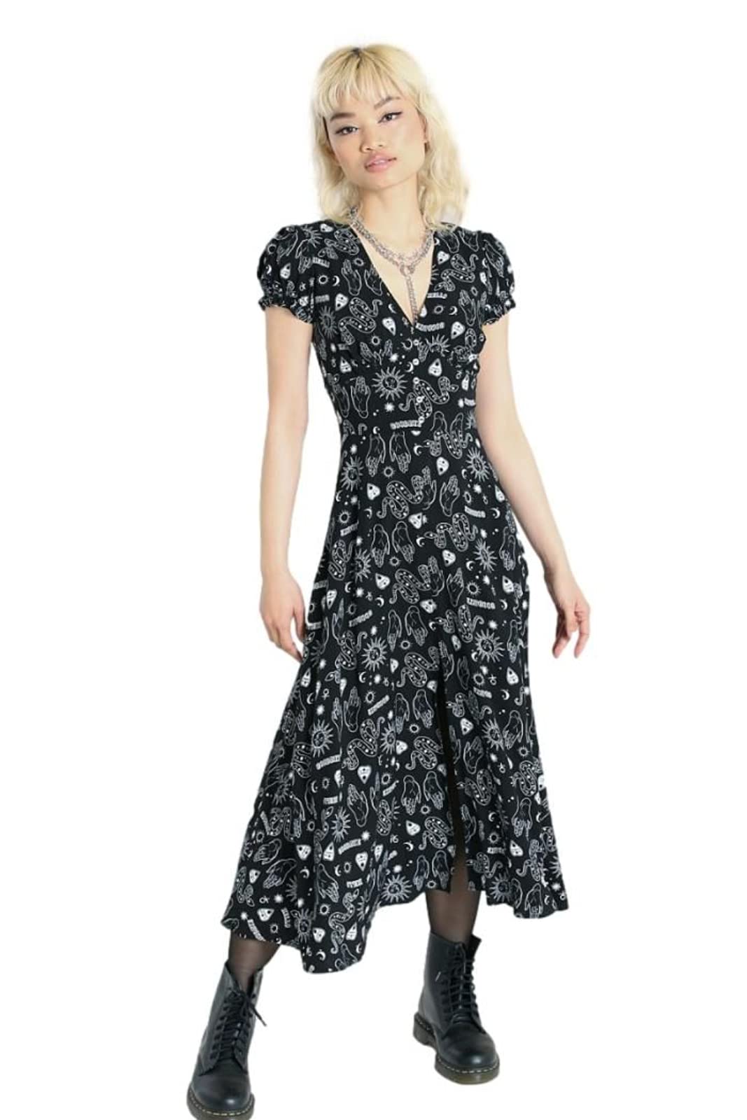 Stylish Hell Bunny Gothic Witchcraft Hello Goodbye Ouija A-Line Midi Dress for Women | Vintage Occult Fashion | Perfect for Halloween, Witch Parties & Alternative Fashion Lovers