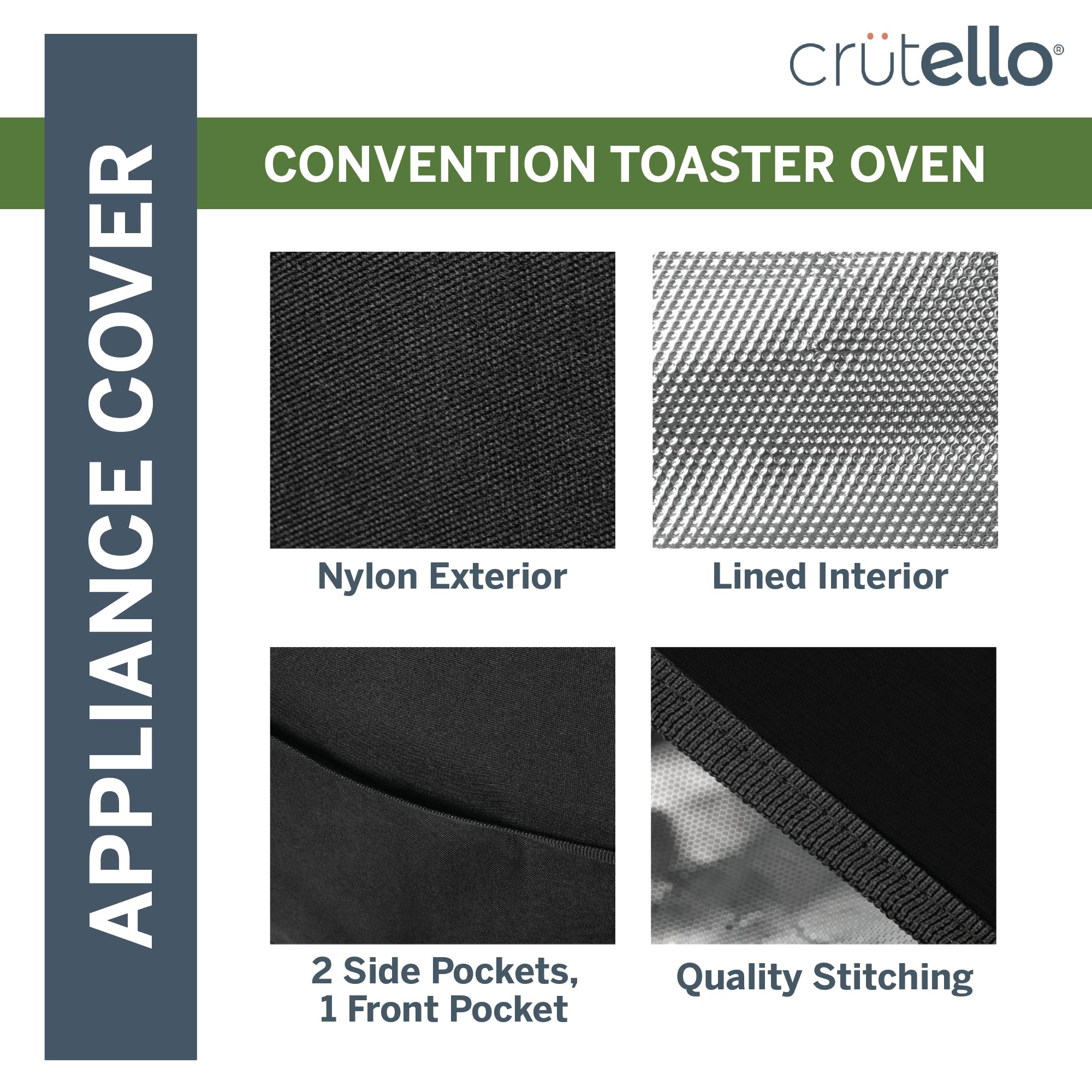 Crutello Convection Toaster Oven Cover with Storage Pockets - Large Heat-Resistant Toaster Cover for Machines Up to 17 x 15 x 14 Inches - Black Countertop Oven Protector - Perfect for Kitchen, RV, Dorm & Small Spaces