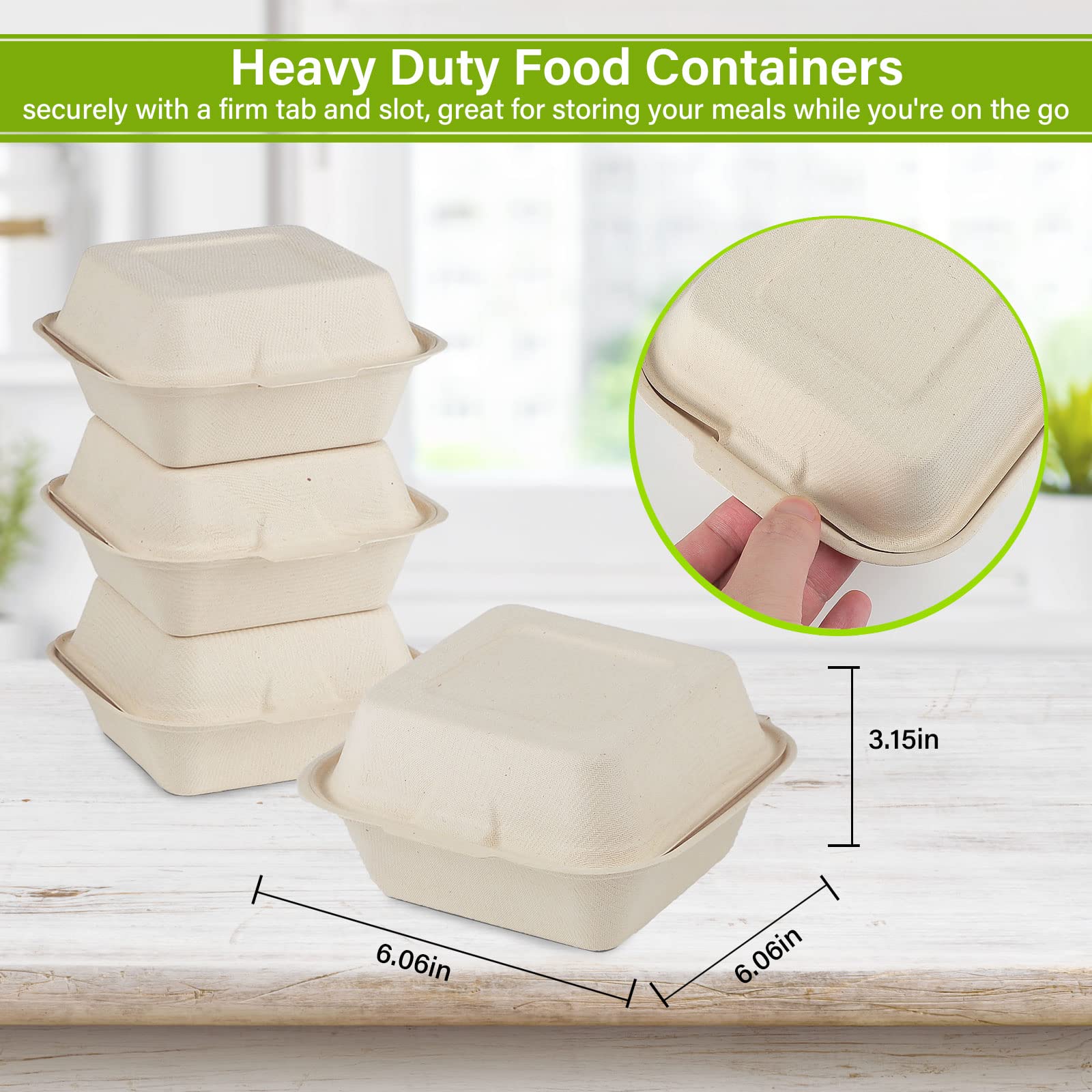 Eco-Friendly Compostable 6x6 Take Out Food Containers - 100 Pack Biodegradable Clamshell To-Go Boxes Made from Sugarcane Fiber | Heavy Duty Disposable Containers for Restaurants, Catering & Food Delivery Services