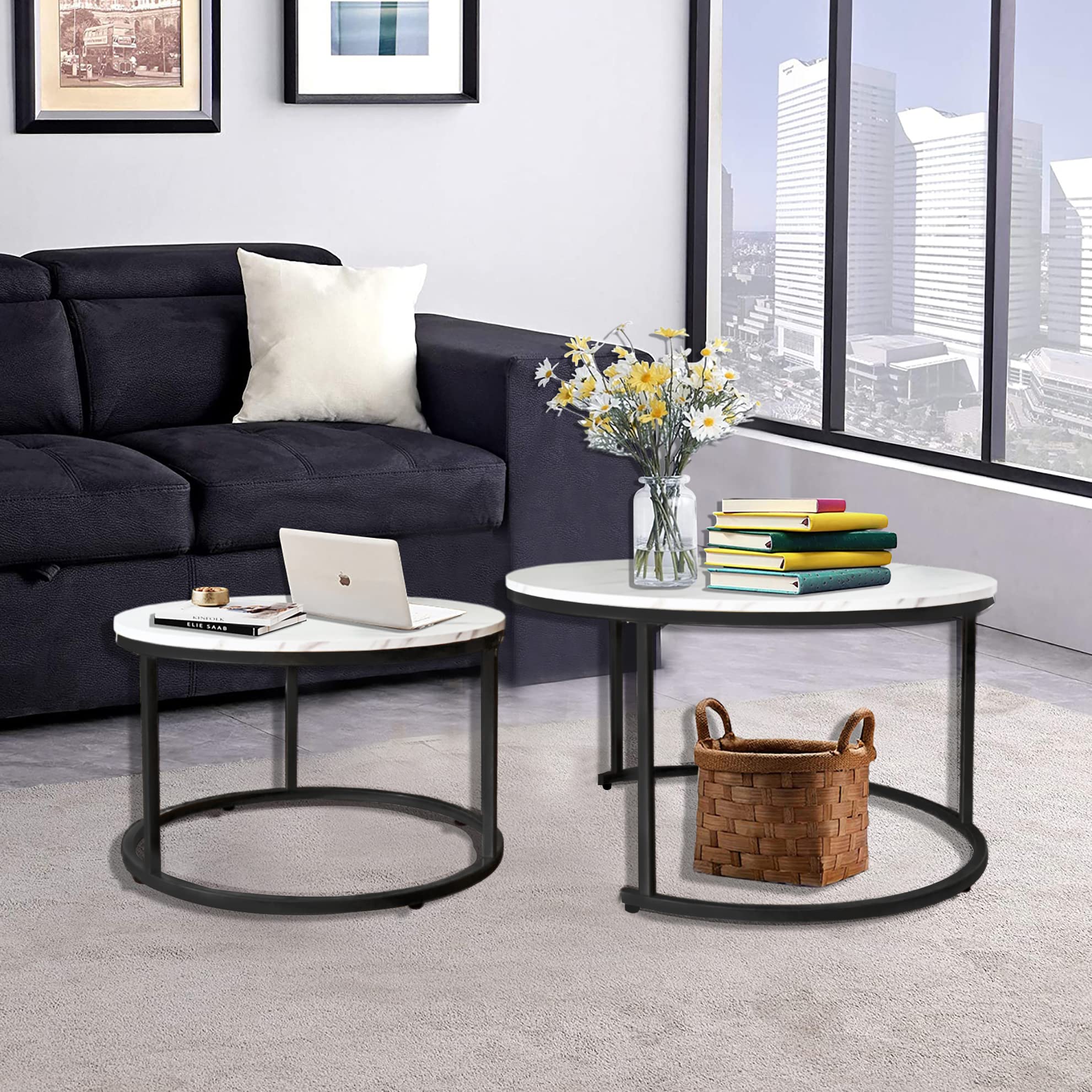 AT-VALY 2-Piece Round Nesting Coffee Table Set with Sturdy Metal Frame - 31.5