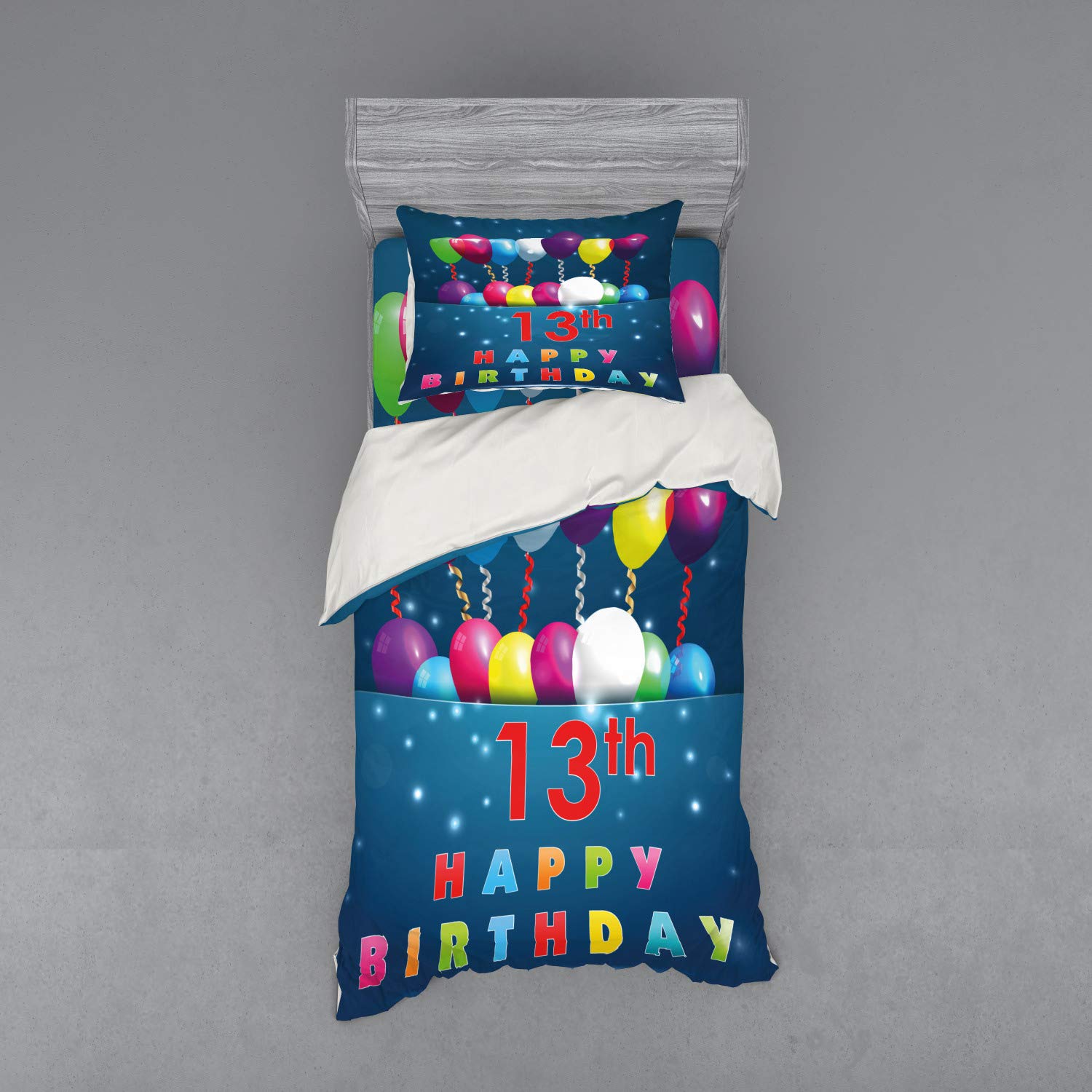 Ambesonne 13th Birthday Duvet Cover Set - 3 Piece Twin XL Bedding with Sham & Fitted Sheet - Colorful Balloons, Ribbons & Stars Design - Perfect for Teen Celebrations, Sleepovers & Party Decorations