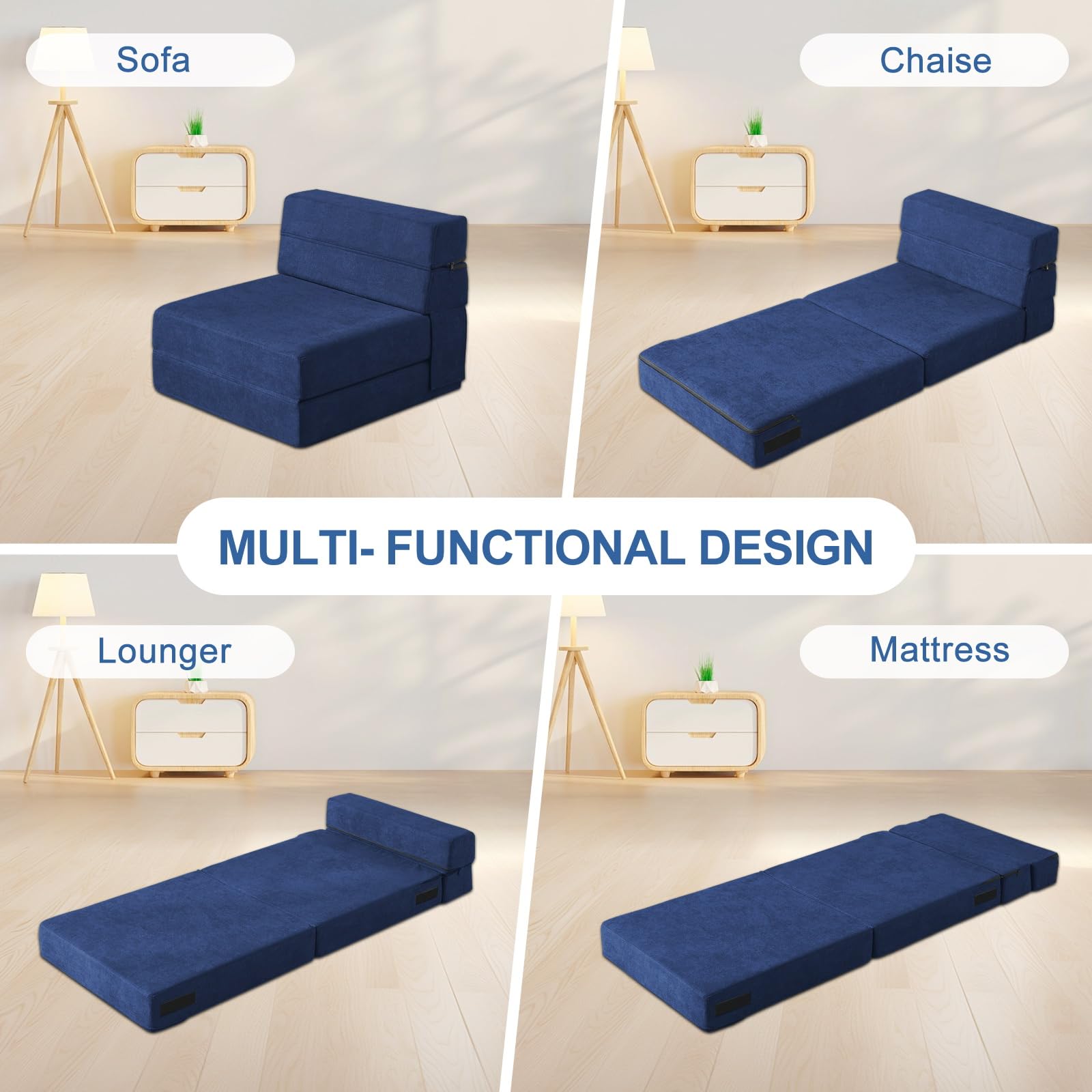 Convertible Folding Sofa Bed with Memory Foam Pillow - Single Size Dark Blue Sleeper Chair for Living Room, Home Office, Guest Bed & Small Spaces - Perfect for Apartments, Lofts and Overnight Guests