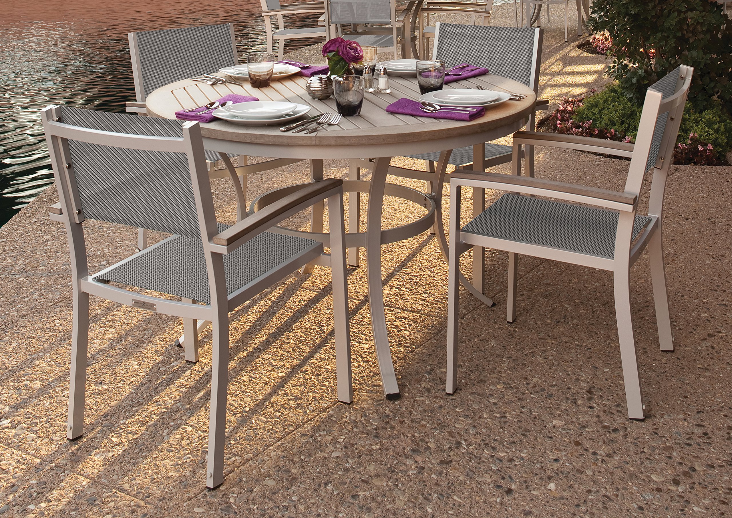 Travira 5-Piece Round Dining Table Set with Sling Chairs - Vintage Tekwood Finish & Titanium Sling - Perfect for Patio, Garden, and Outdoor Entertaining