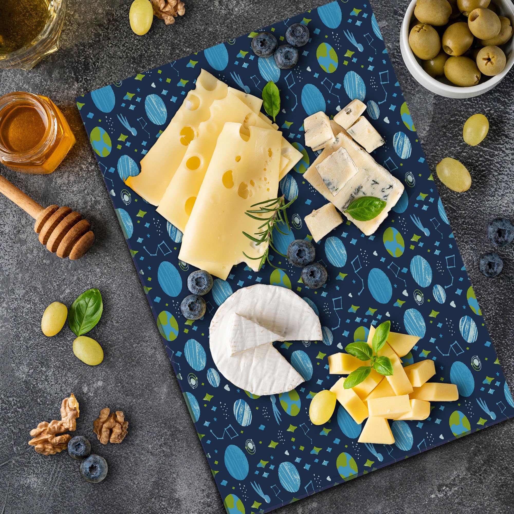 Ambesonne Space-Themed Tempered Glass Cutting Board - Hand Drawn Constellation & Kite Design - Large Decorative Serving Board in Dark Slate Blue, Pale Sky Blue, Apple Green & White - Perfect for Kitchen Prep, Charcuterie Display & Space Decor