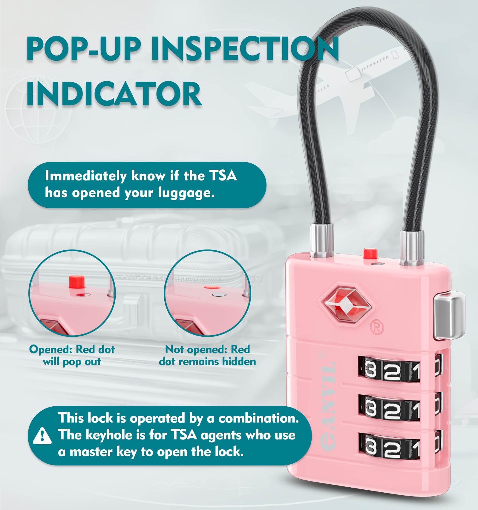 ANVIL TSA Approved Luggage Locks (2-Pack, Pink) - Secure TSA008 Core with Alert Indicator for Suitcases, Backpacks & Gym Bags | Travel Essentials & Daily Use Protection