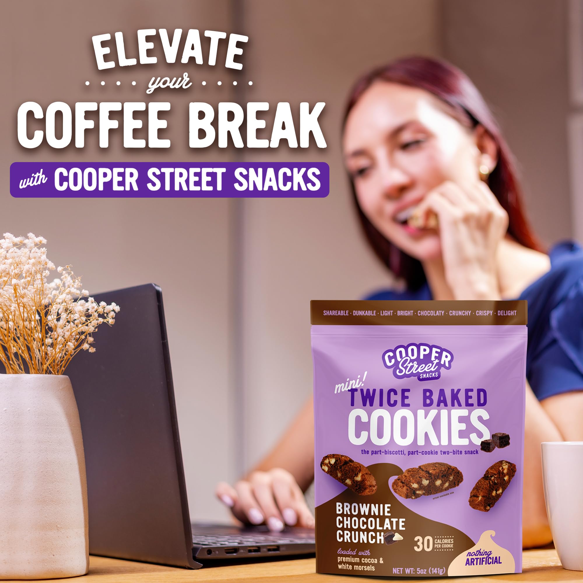 Cooper Street Twice Baked Brownie Chocolate Biscotti Cookies - Crunchy Italian Coffee Cookies | Low Calorie Kosher Snack for Adults & Kids | Dairy, Peanut & Soy Free (5oz) | Perfect with Coffee, Tea or as Dessert