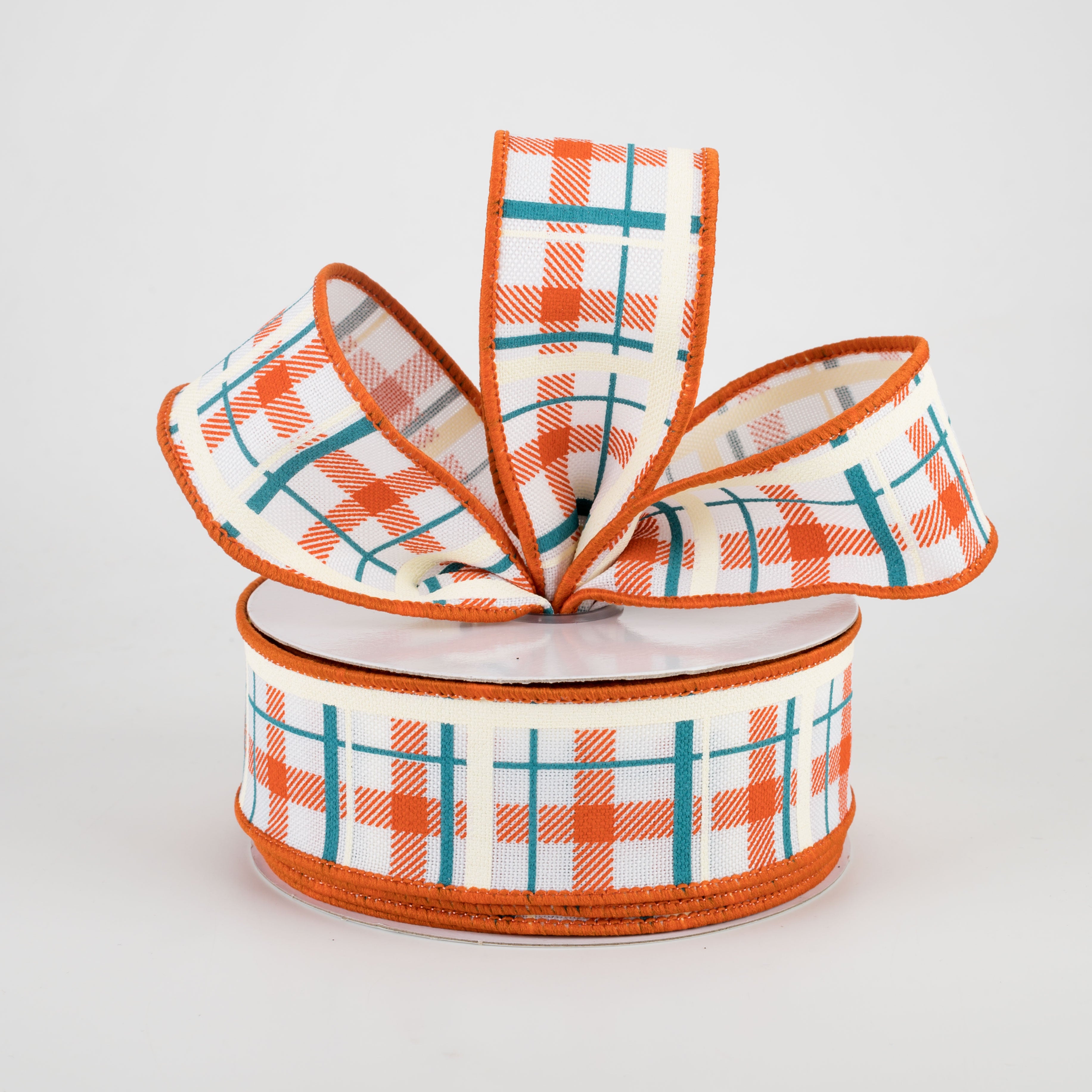 1.5 Inch Printed Plaid Ribbon - White, Dark Orange & Turquoise - 10 Yards Bulk Spool for Gift Wrapping, Crafts, DIY Decorations and Party Favors