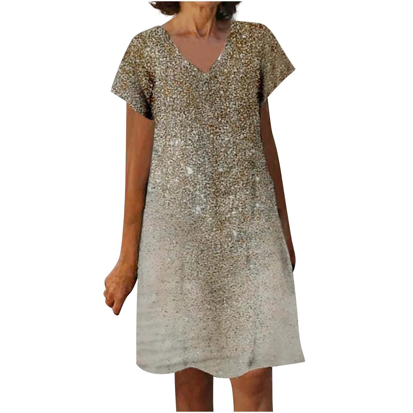 Women's Vintage Print Casual Summer Dress - Short Sleeve Loose V-Neck Shift T-Shirt Dress for Vacation, Beach, Party & Everyday Wear