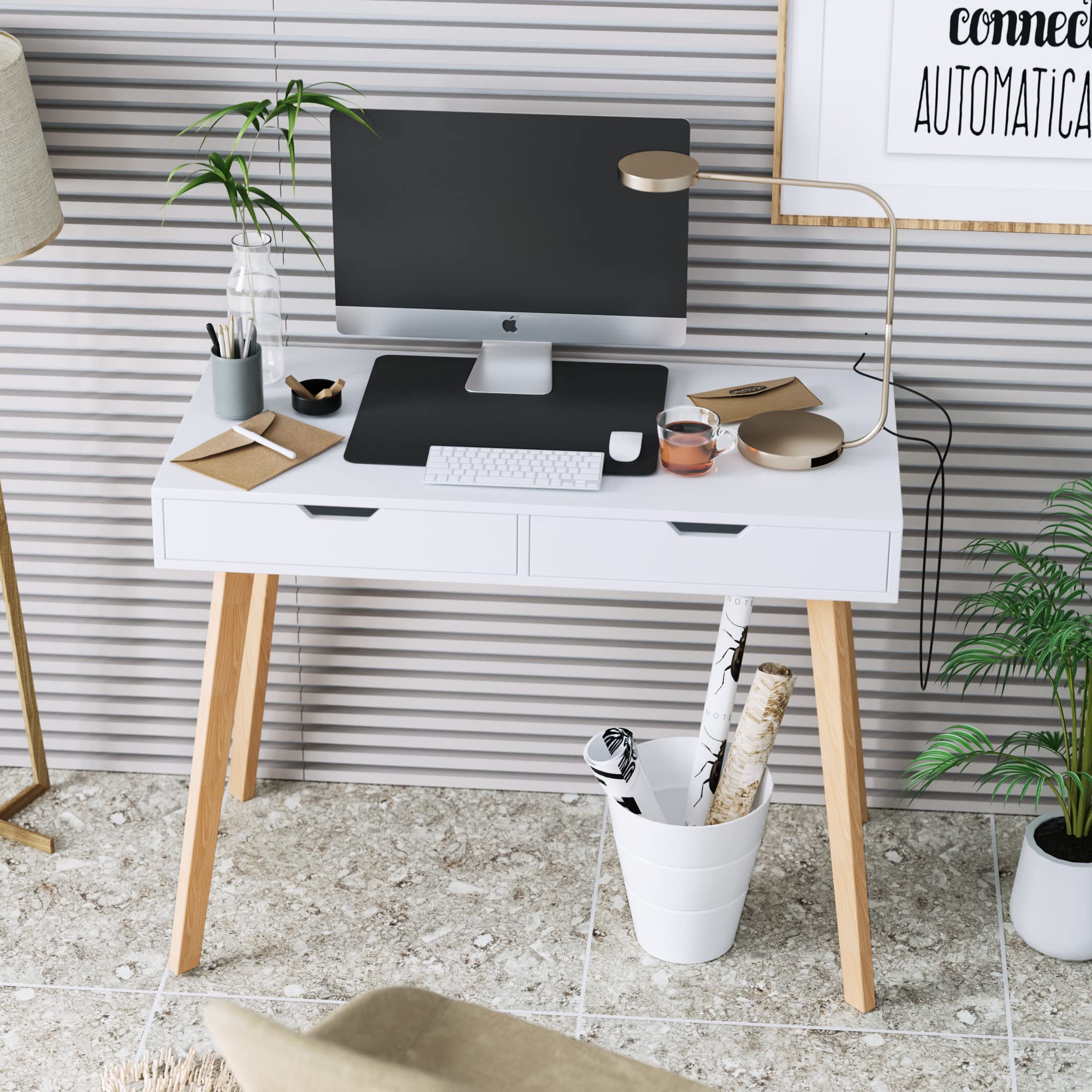 FOTOSOK White Modern Computer Writing Desk with 2 Drawers - Small Wooden Office Desk & Makeup Vanity Table with 4 Sturdy Oak Legs - Perfect for Home Office, Study Room & Bedroom Workspace