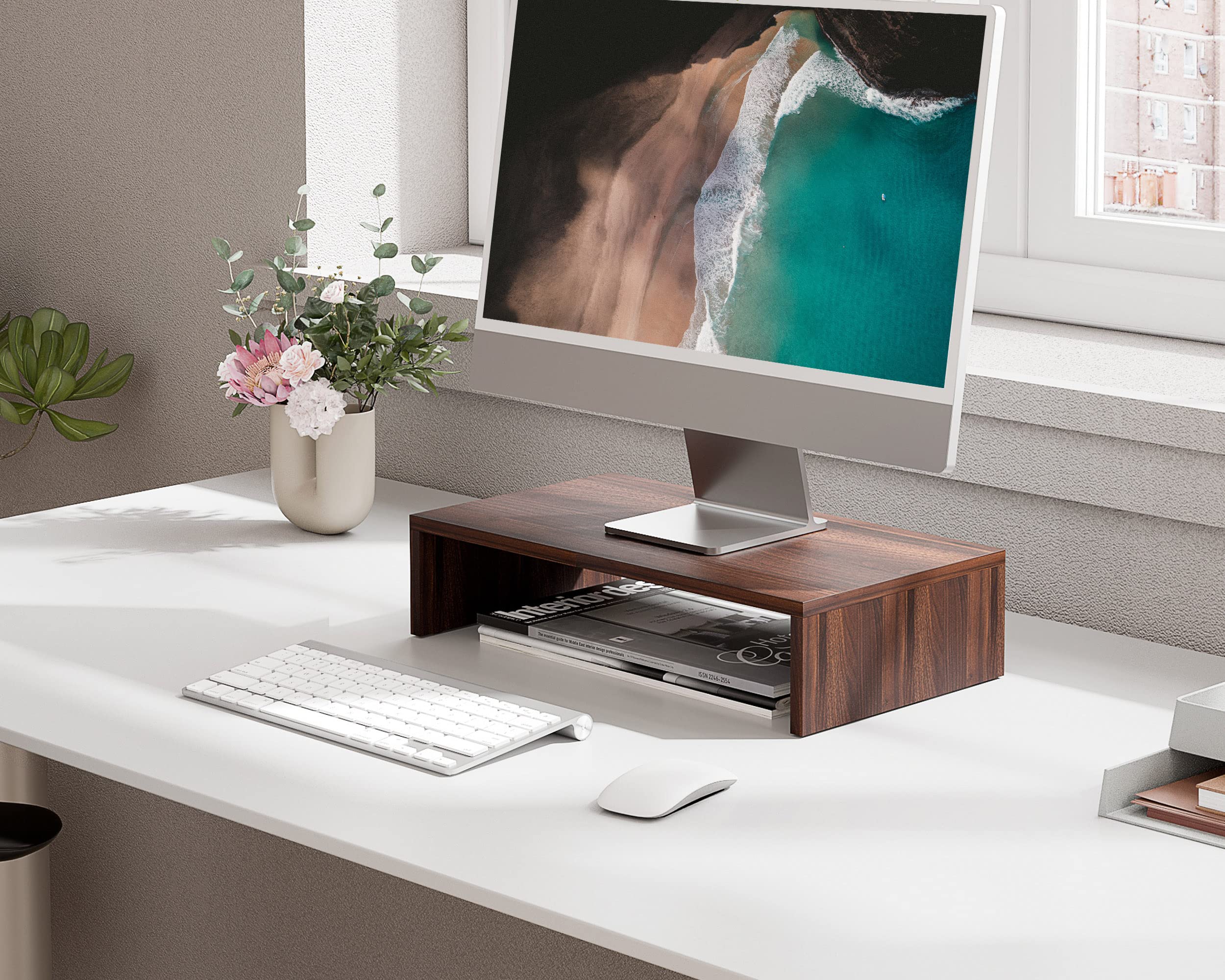 FITUEYES 16.7 Inch Wood Monitor Stand Riser with Shelf - Ergonomic Desktop Organizer for Computer Screen & Laptop - Perfect for Home Office, Gaming Setup and Workspace Organization