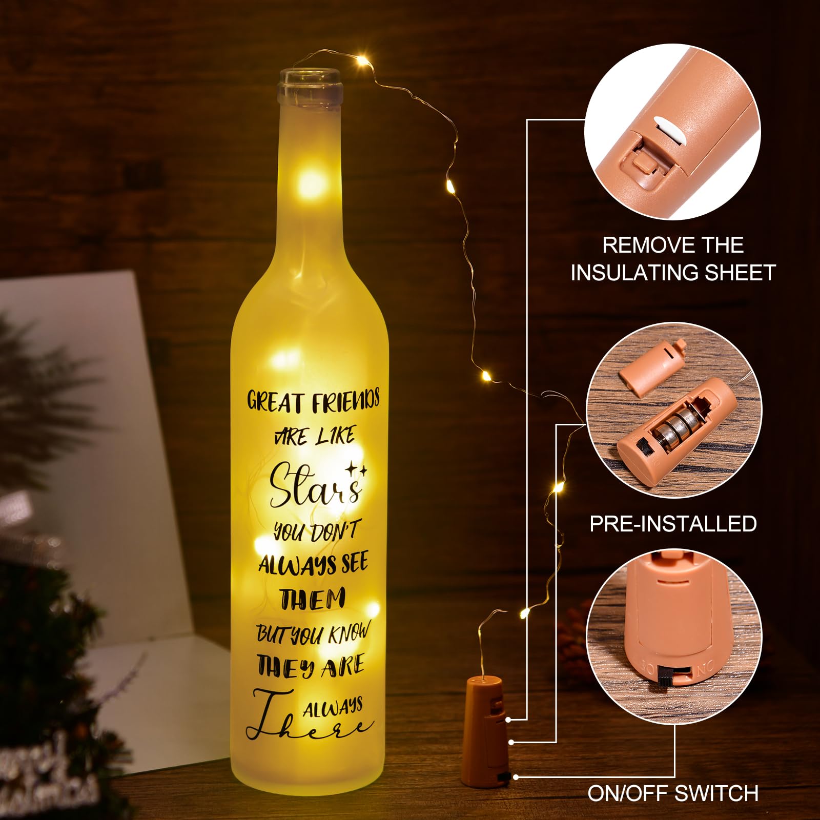 Christmas Lamp - USB Powered Wine Bottle Light Decor, Friendship Theme Gift for Women, Best Friend Birthday Idea with Keychain, Perfect for Home, Office, and Party Decorations
