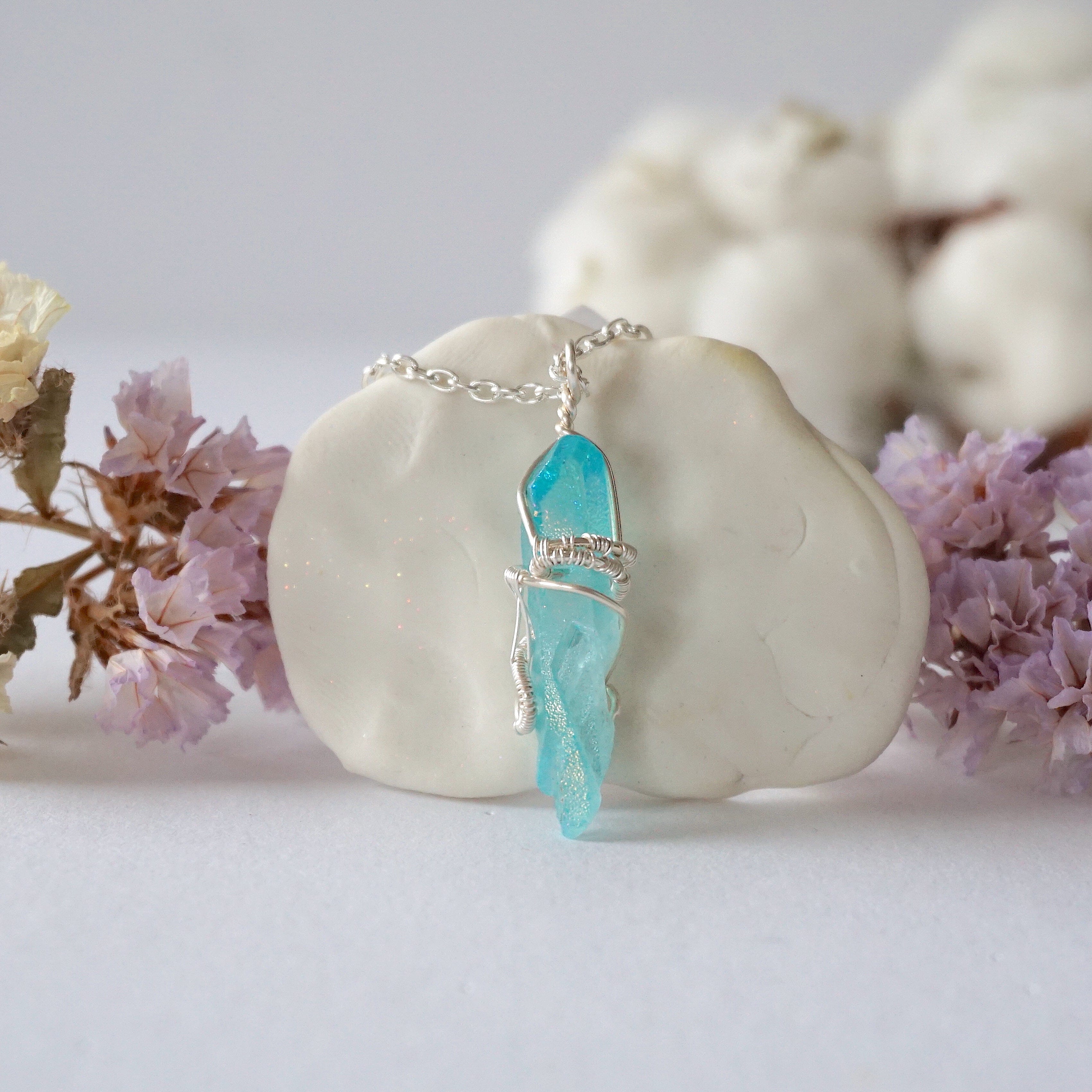 Aqua Aura Quartz Necklace - Silver Plated Crystal Point Charm Pendant for Women | Spiritual Healing, Meditation & Energy Jewelry Gift