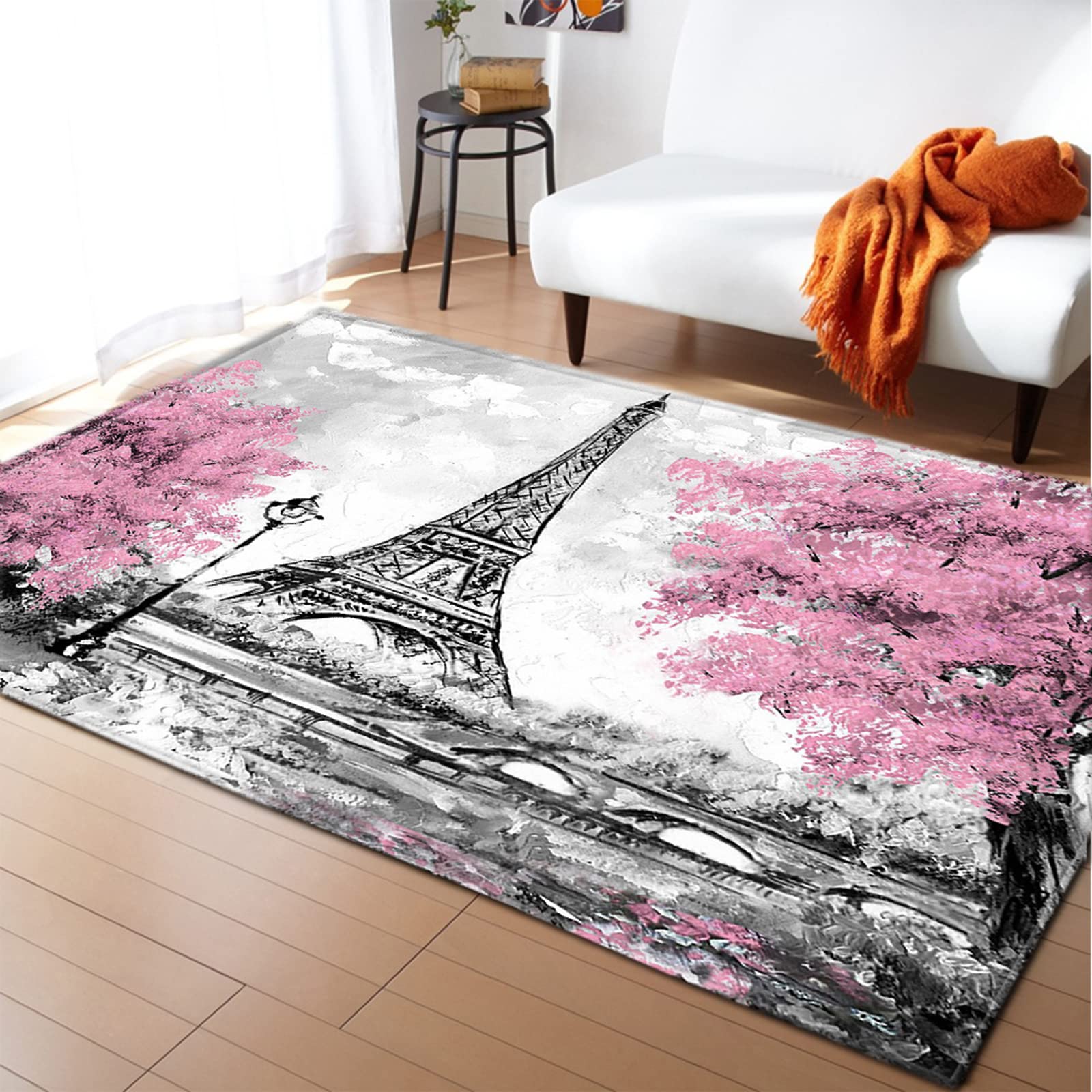 Paris Watercolor Eiffel Tower Area Rug - Non-Slip French Style Living Room Carpet 47x24 inches - Romantic Bedroom Decor for Couples, Pink Leaf Design | Perfect for Home, Office & Dorm