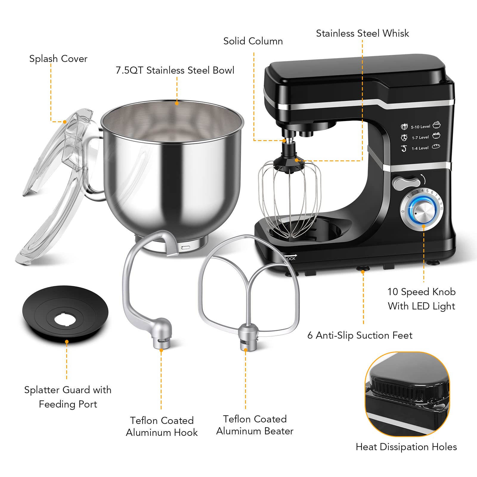 7.5QT Professional Stand Mixer - 10-Speed Tilt-Head Electric Kitchen Mixer with Stainless Steel Bowl, Dough Hook, Whisk & Beater - 300W Powerful Motor for Baking Cakes, Cookies & Bread (Black, Model MC1) - Perfect for Home Bakers & Professional Kitchens