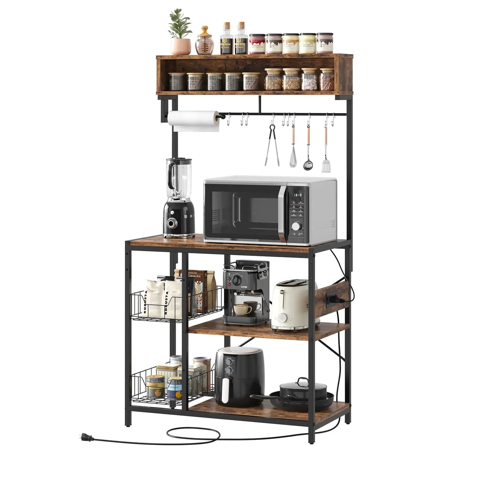 Bestier Metal Bakers Rack with Power Outlet - 3-Tier Kitchen Storage Shelf for Baking Supplies, Spices & Cookbooks | Perfect for Small Kitchens, Bakeries & Coffee Shops