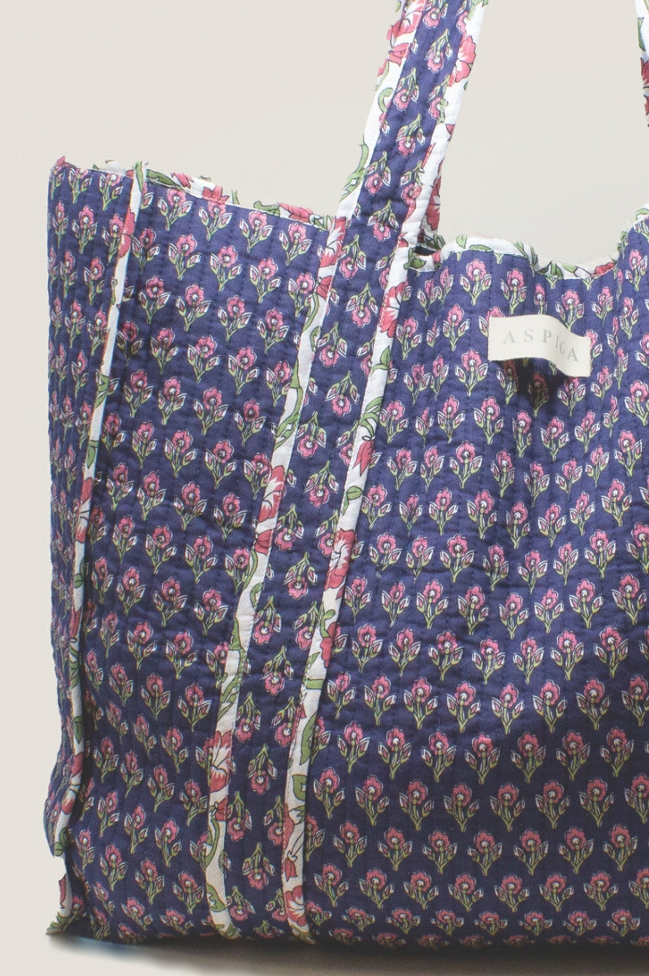Quilted Tote Bag for Women - Primrose Stamp Navy/Pink Crossbody Shoulder Bag - Perfect for Work, Travel & Shopping