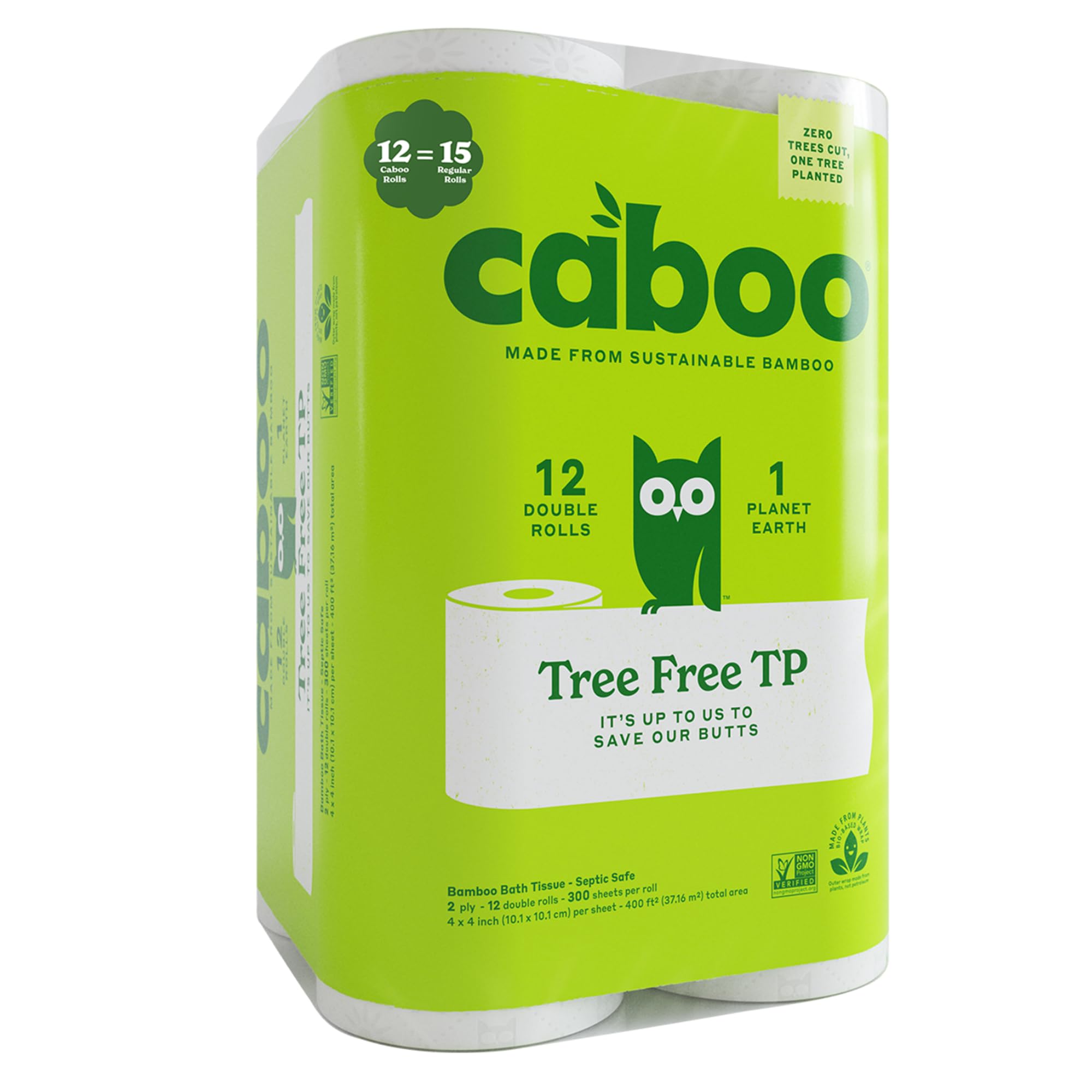 Eco-Friendly Caboo Bamboo Toilet Paper - 2-Ply, Septic Safe, Chemical-Free Bath Tissue (12 Double Rolls, 300 Sheets Per Roll) - Perfect for Sustainable Homes & RVs