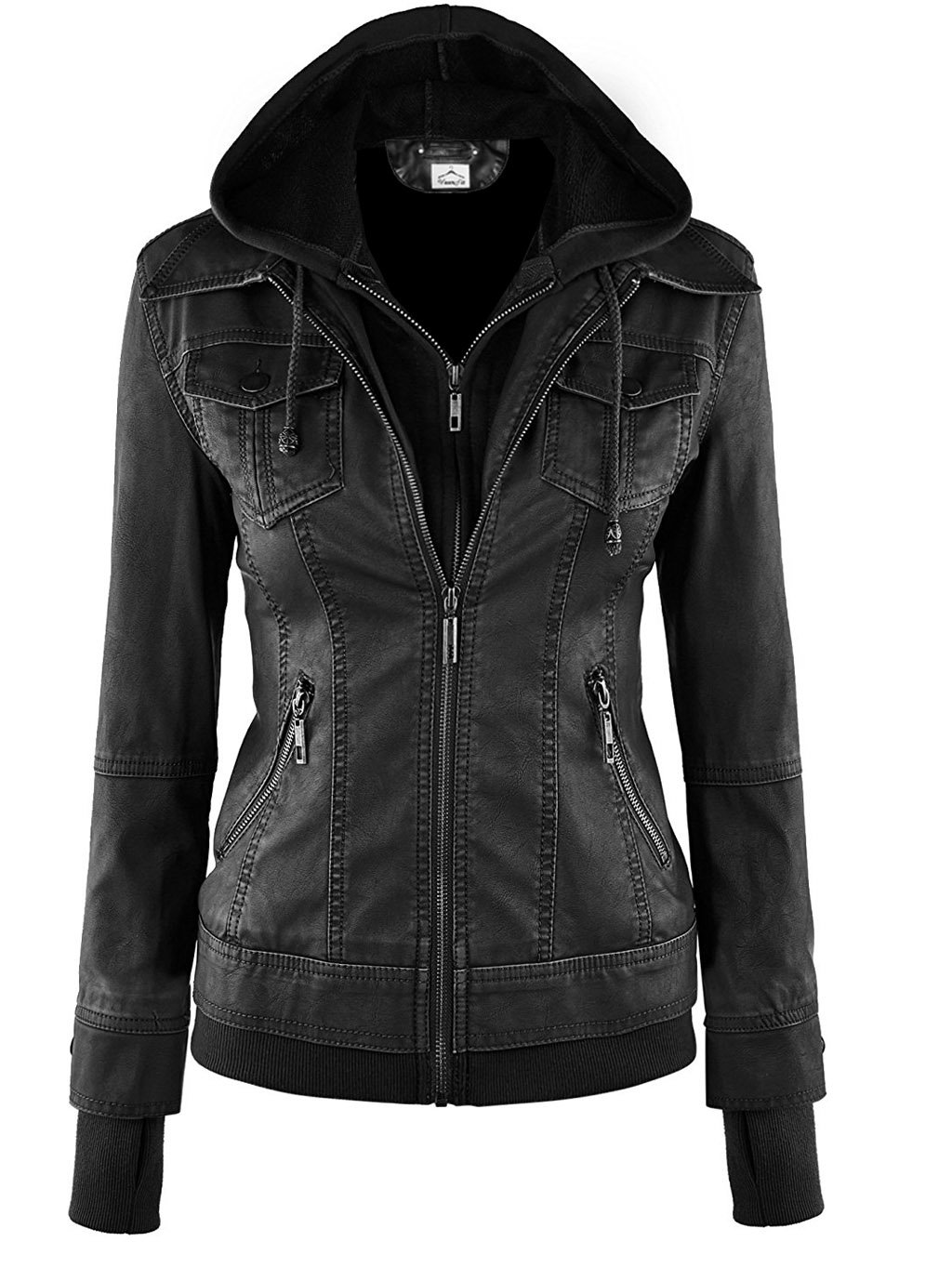 VearFit Women's Genuine Leather Bomber Jacket with Removable Hood - Stylish Outerwear for Casual Wear, Night Out, and Travel