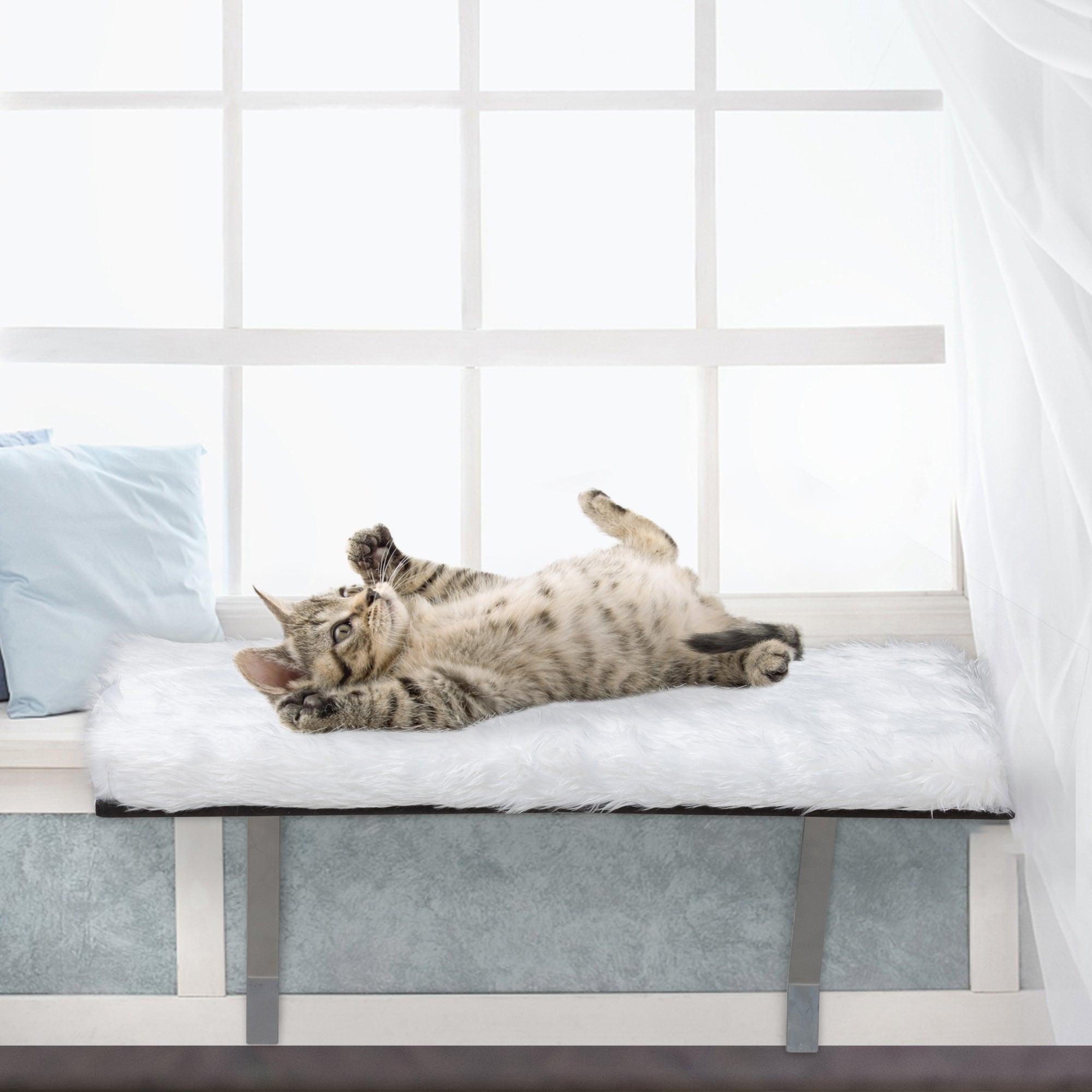 Premium Cat Window Perch with Soft Cushion - Wall Mounted Cat Seat with Sturdy Support Feet - Cozy White Cat Bed for Indoor Cats - Perfect for Sunbathing & Bird Watching