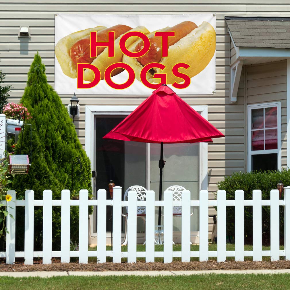 Custom 48x96 Inch Weatherproof Vinyl Banner for Hot Dogs - Heavy Duty Outdoor Advertising Sign with 8 Grommets - Ideal for Restaurants, Food Trucks & Yard Sales - All-Weather Durable Printing - Perfect for Outdoor Events, Street Vendors & Promotional Displays