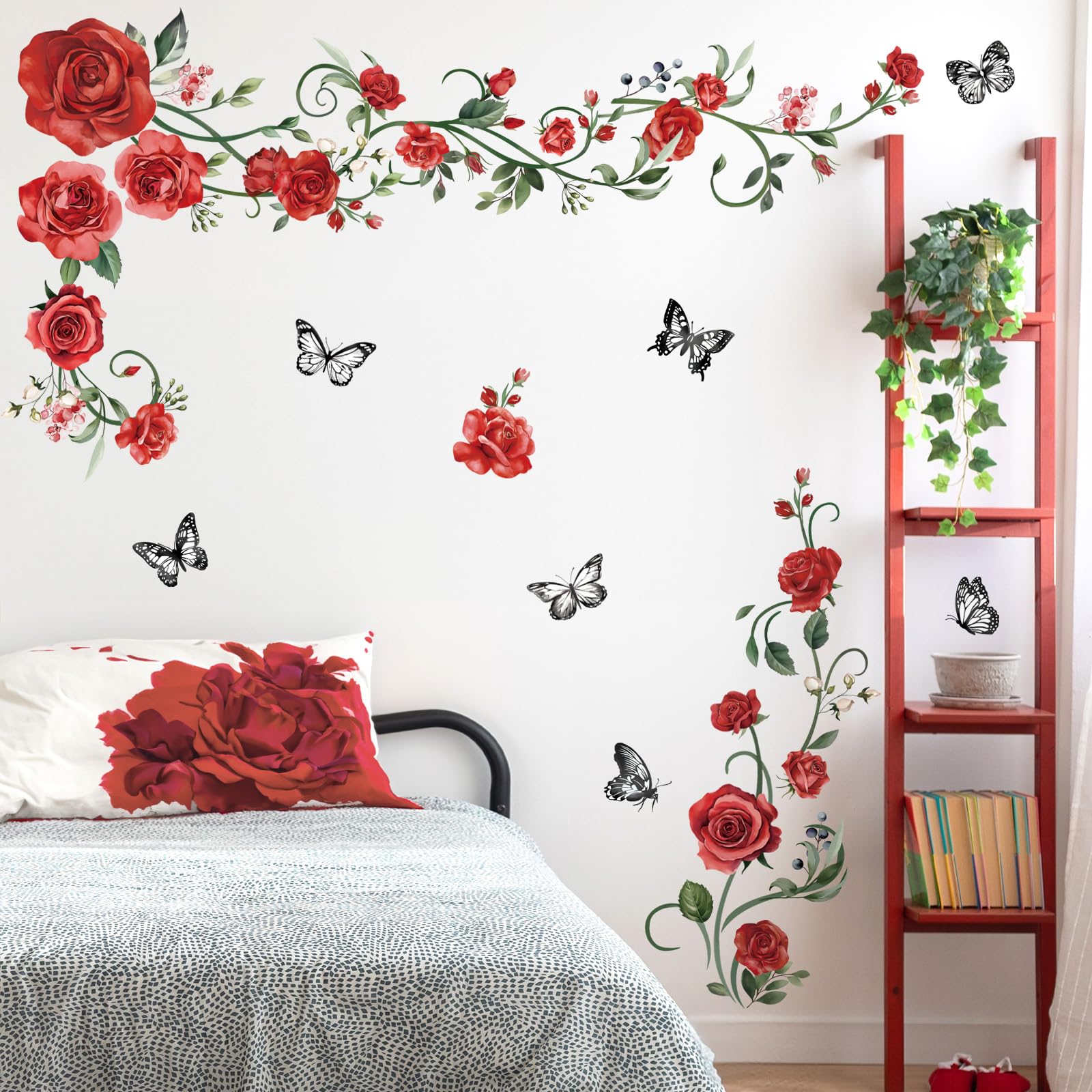 Red Rose Vine Wall Decals with Butterflies - Bedroom & Living Room Decor