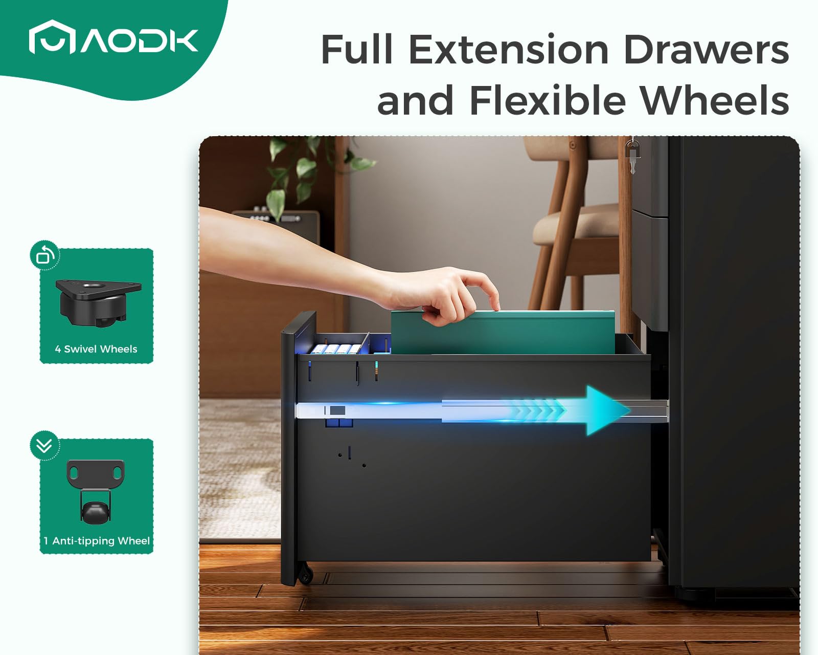 AODK 3-Drawer Rolling File Cabinet with Lock - Fully Assembled Mobile Storage for A4, Legal & Letter Files - Black - Perfect for Home Office, Small Business & Workspace Organization